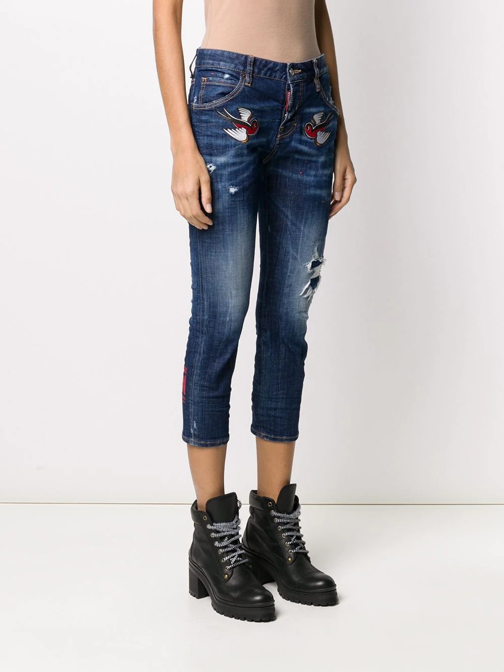 bird embroidery cropped jeans - 3