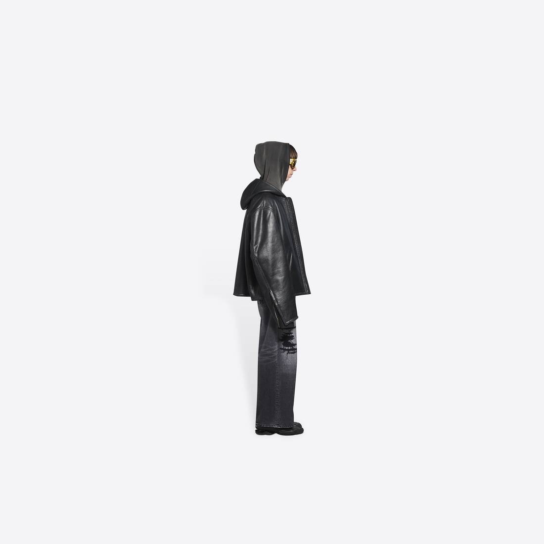 Men's Hooded Shearling Jacket in Black - 4