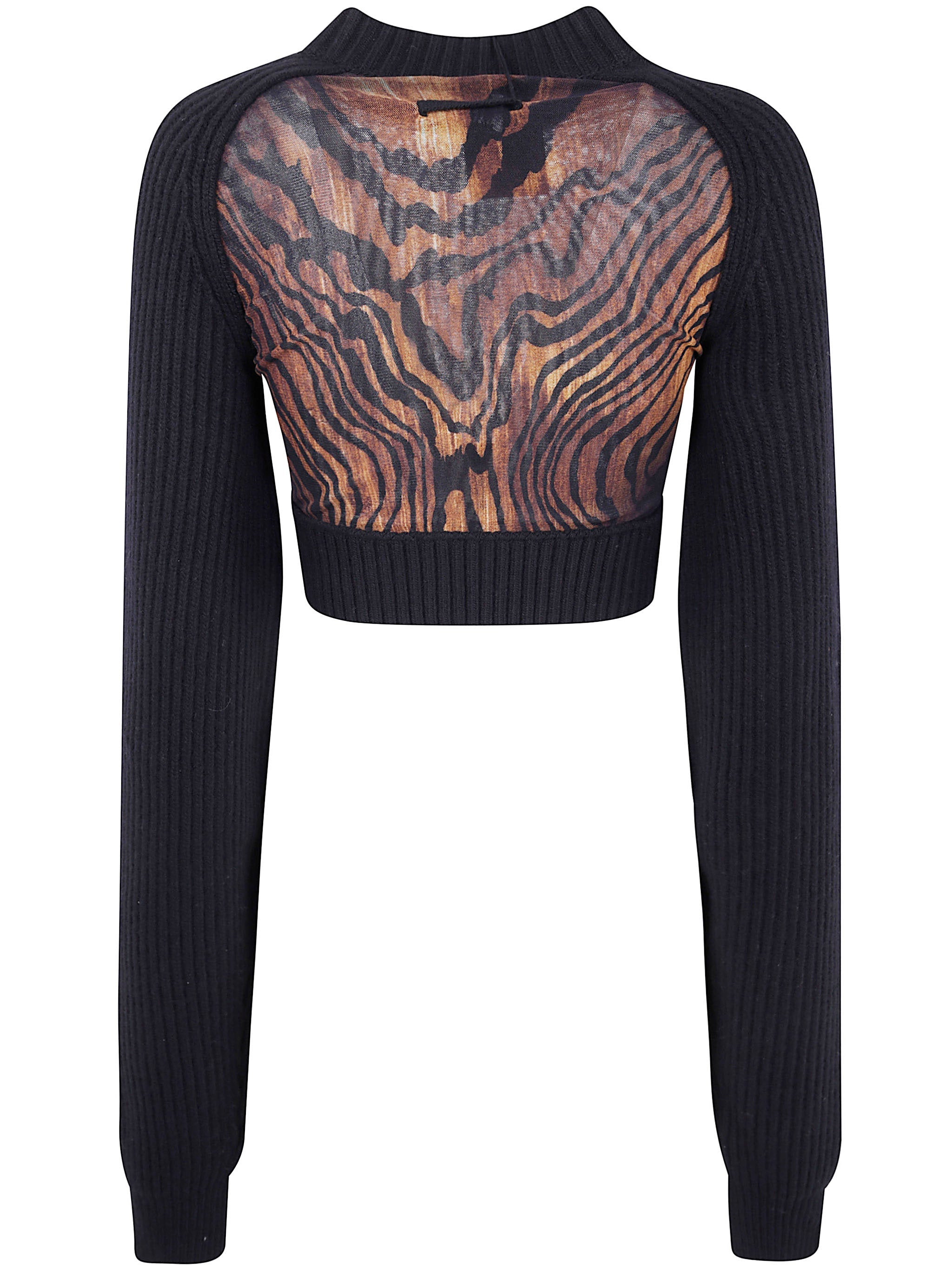 Jean Paul Gaultier Women Lambswool Ribbed Long Sleeves Cropped Sweater With Printed Mesh Cut Out Det - 2