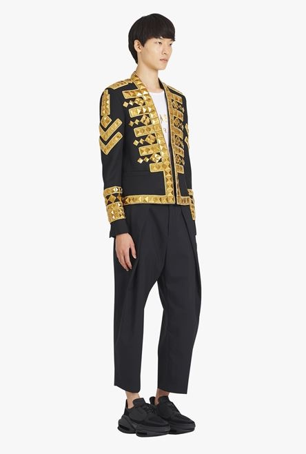 Black wool spencer jacket with gold-tone studded embroidery - 7