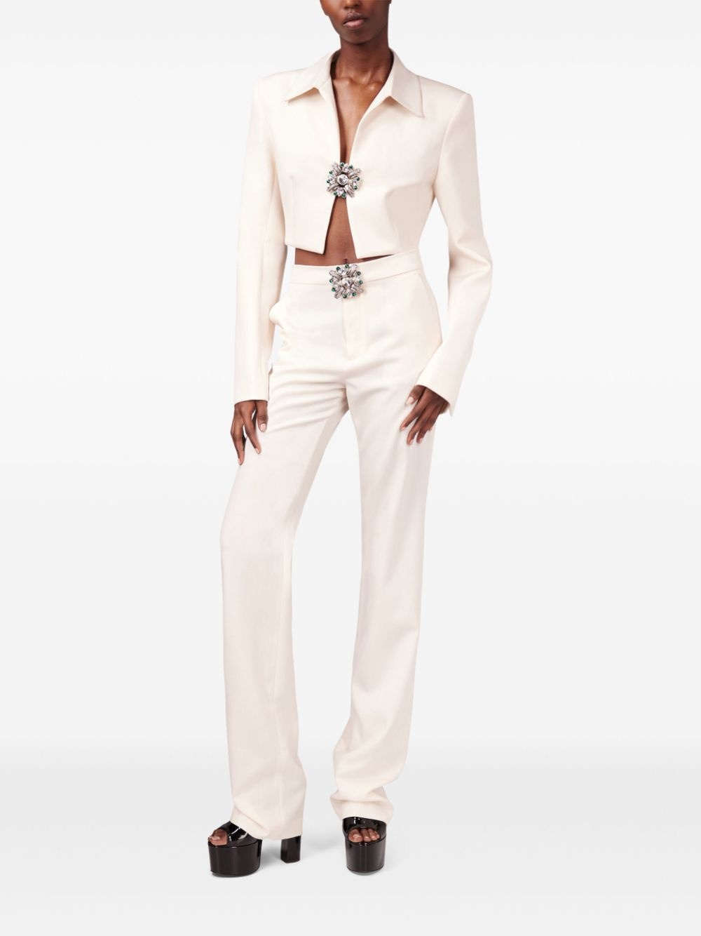 crystal-brooch cropped jacket - 3