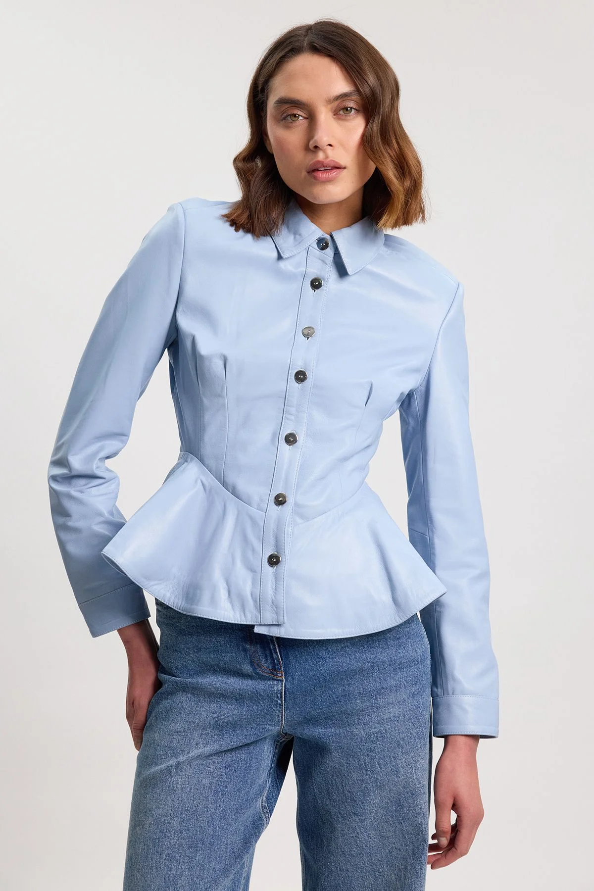 Leather Peplum Buttoned Shirt - 1