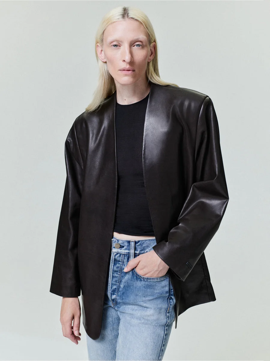 Womens Leather Collarless Jacket - 1