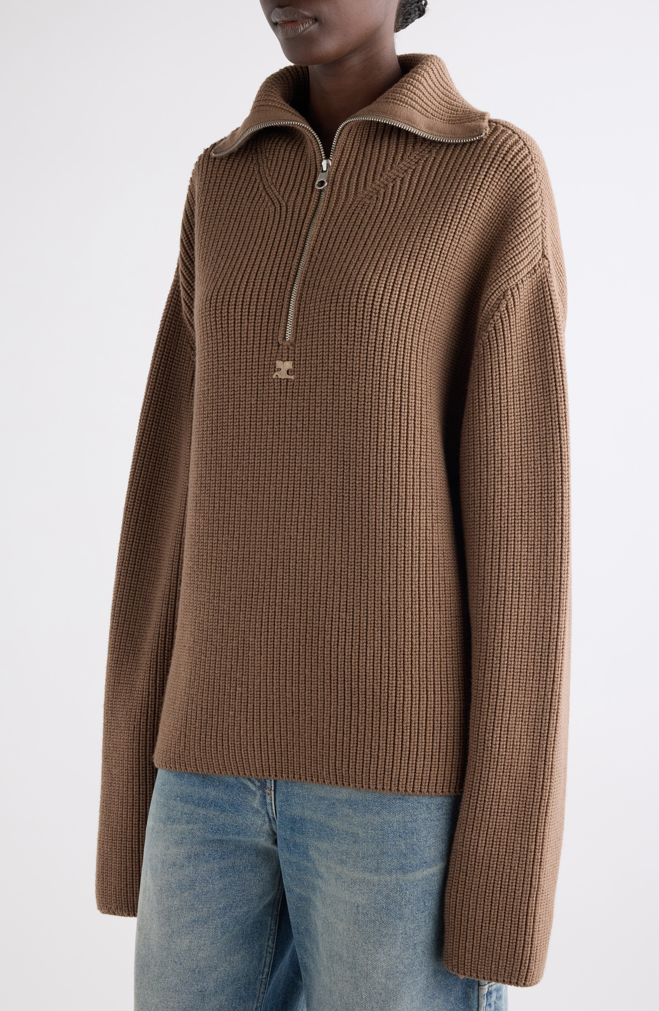 Courrèges Trucker Wool Rib Half Zip Sweater in Mocha at Nordstrom - 5