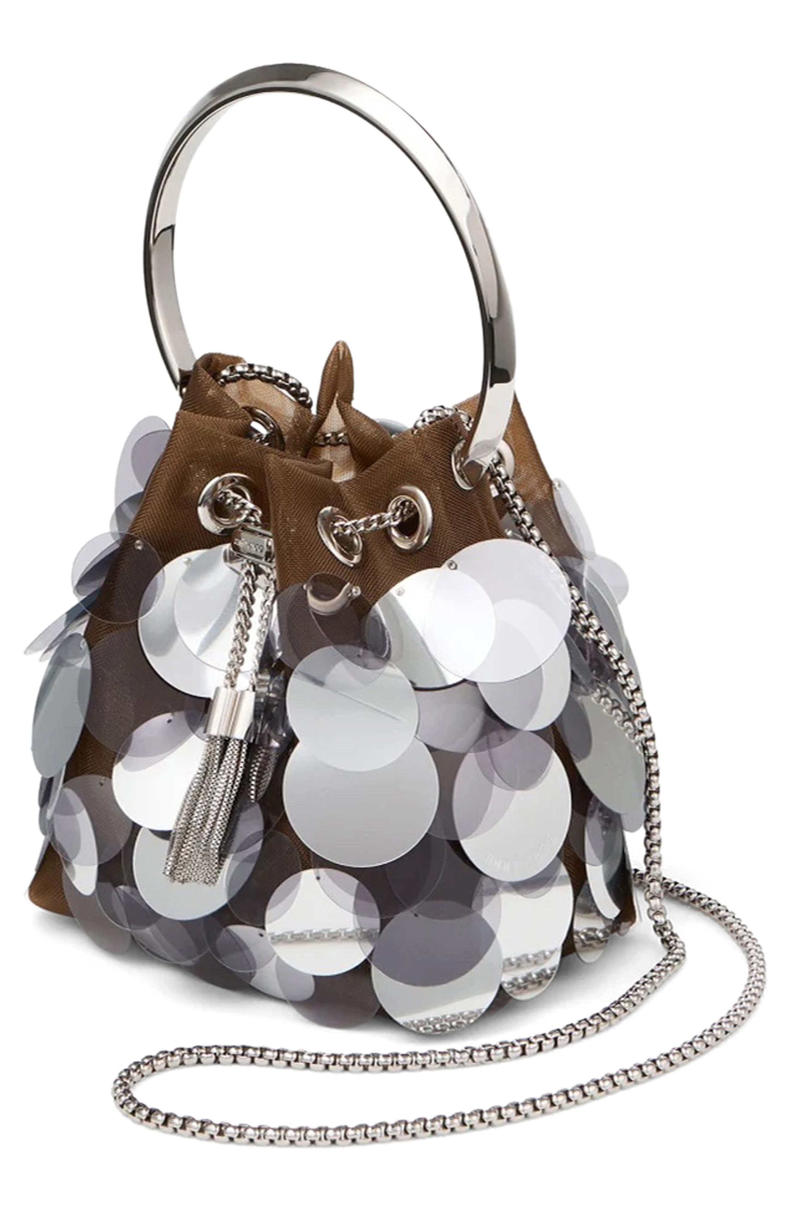 Jimmy Choo Bon Bon Paillette Drawstring Top Handle Pouch in Biscuit/Silver at Nordstrom - 5
