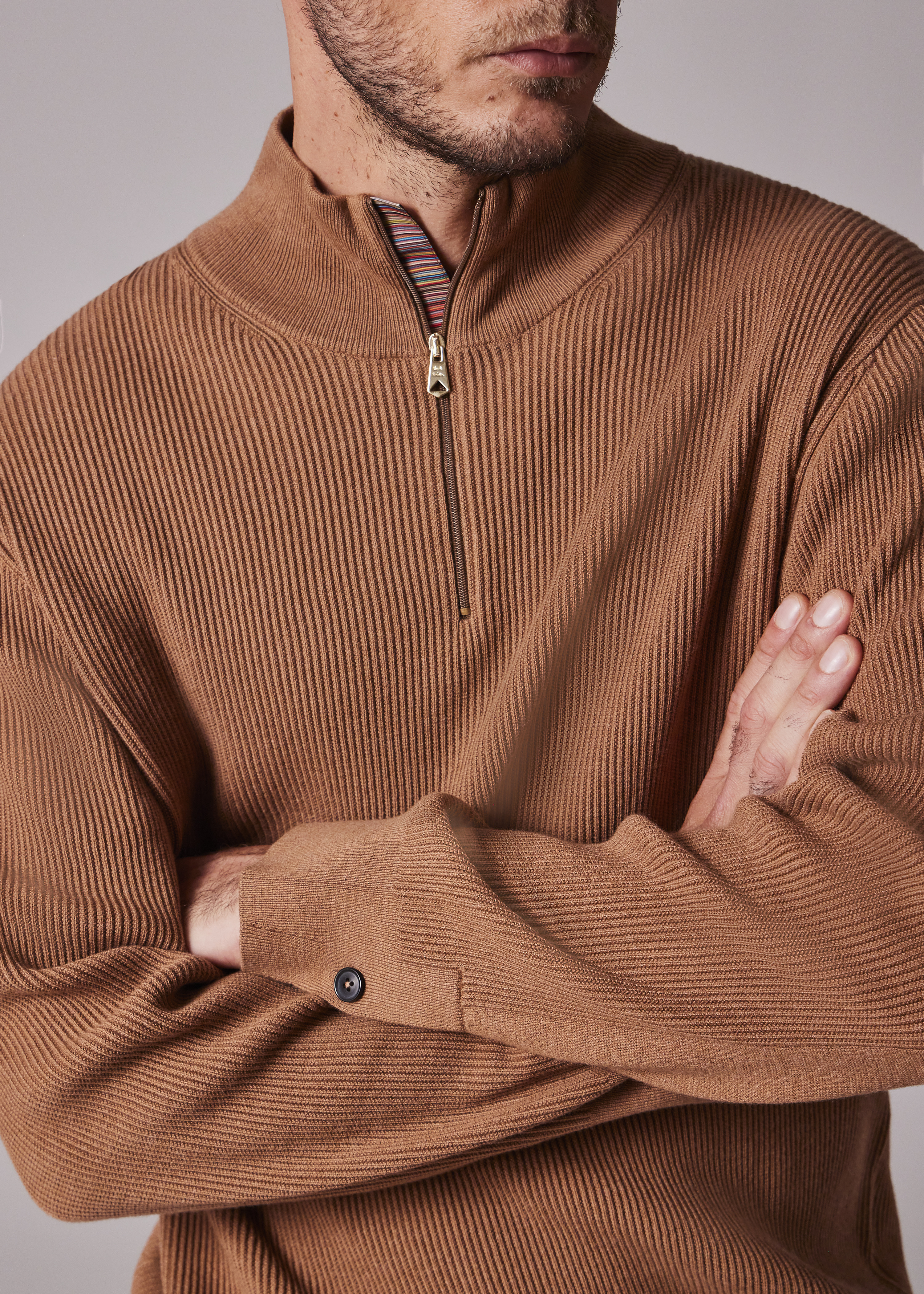 Chestnut Wool-Blend Half Zip Ribbed Knitted Sweater - 7