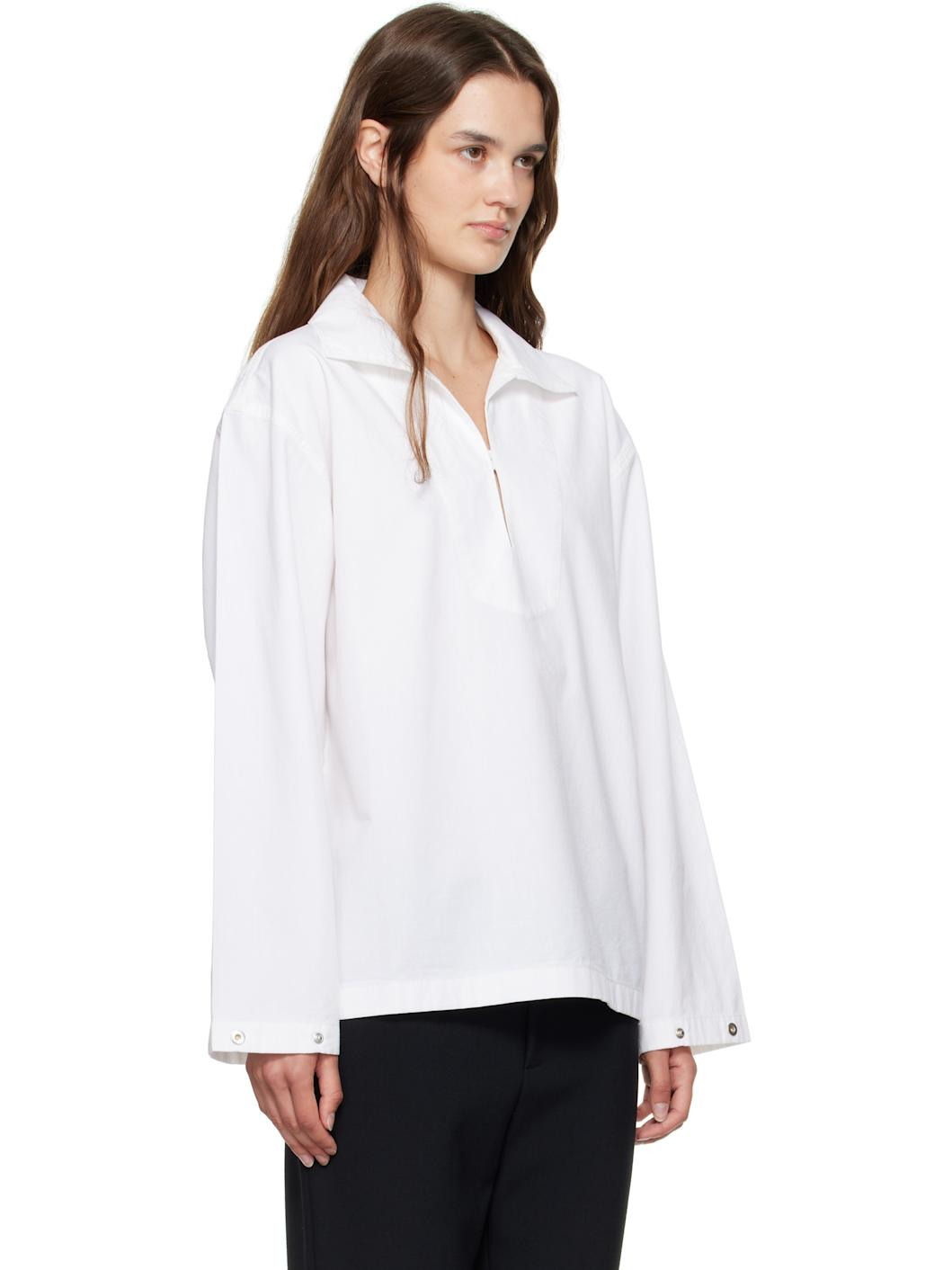 White Tab Detail Denim Blouse - 2