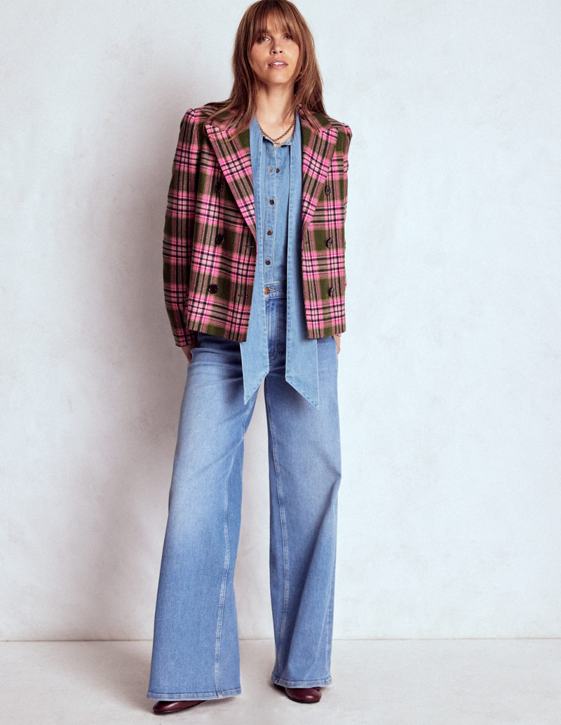 Boxy Double Breasted Blazer-Olive Green and Pink Check 5