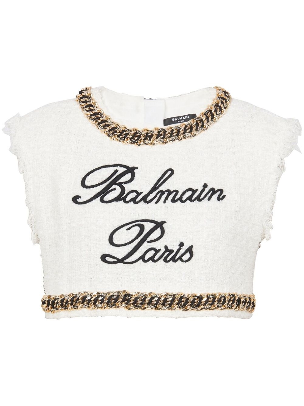 logo-embroidered tweed cropped top - 1