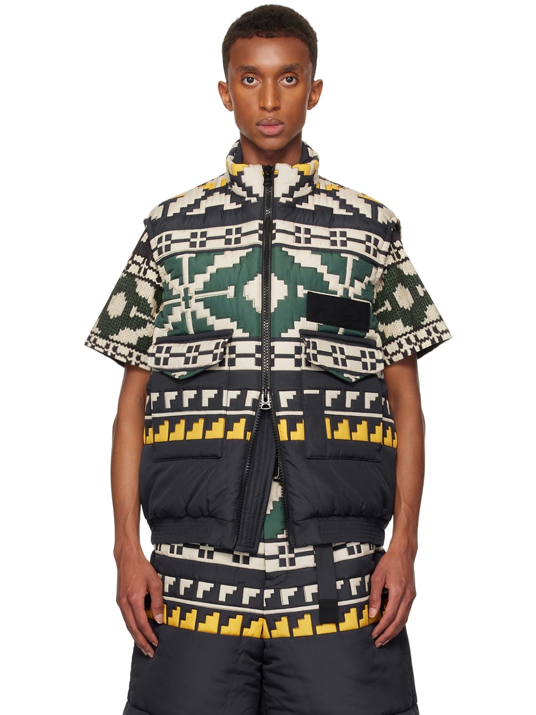 Black & Green Knit Pattern Quilted Vest - 1