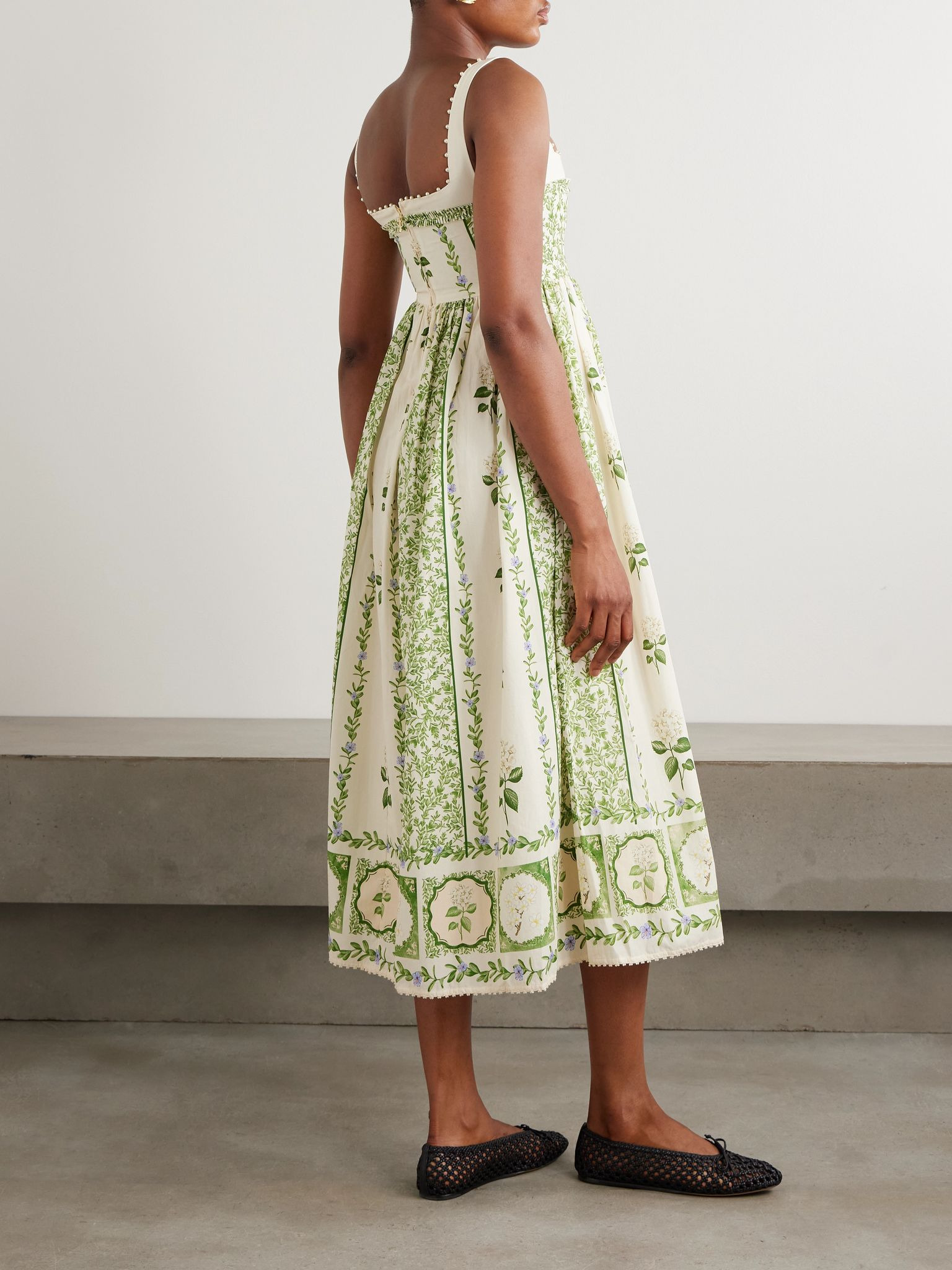 Barbara pleated bead-embellished floral-print linen midi dress Sage green - 3