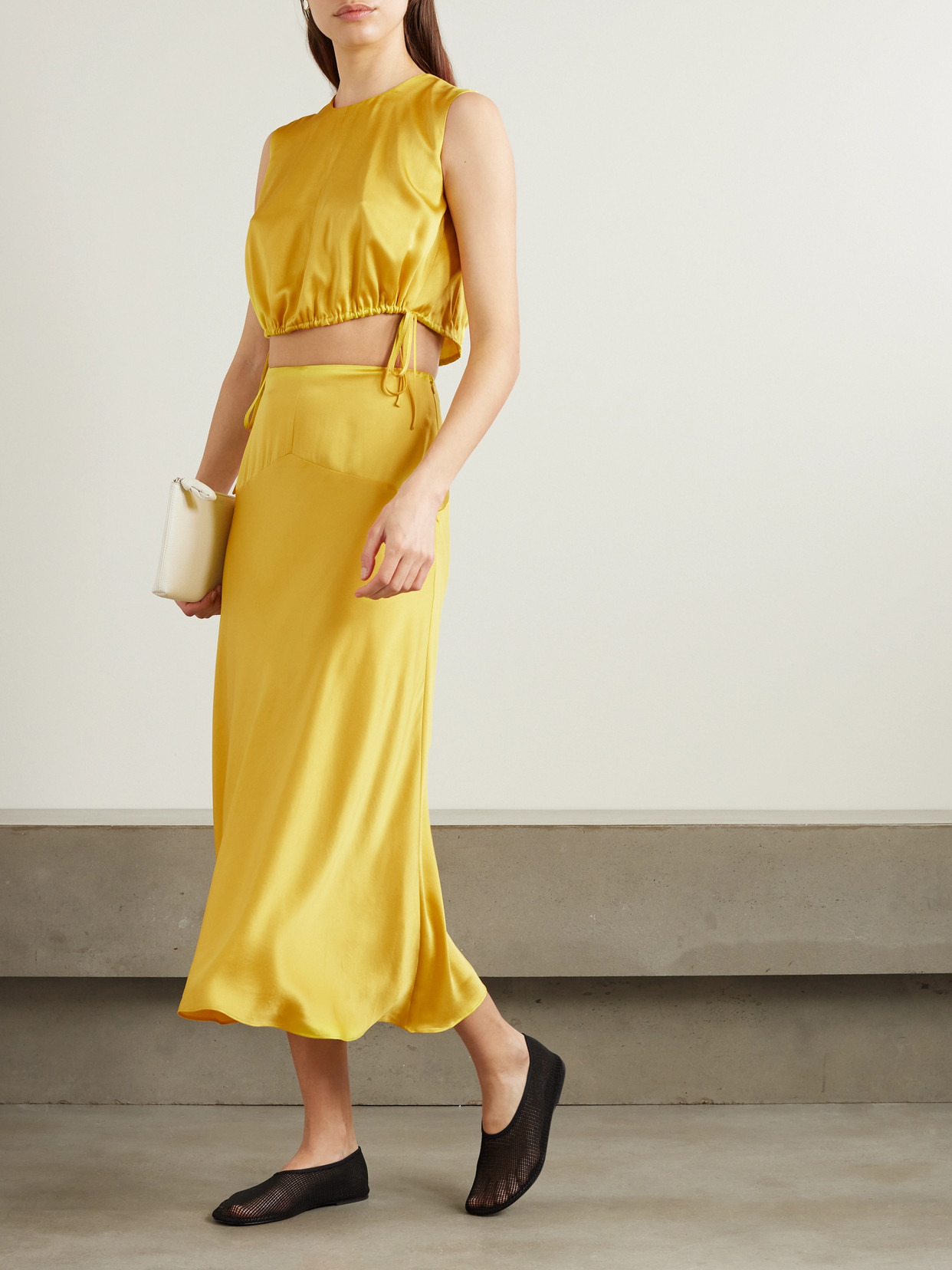 Cecily Cropped Gathered Silk-satin Top - 2