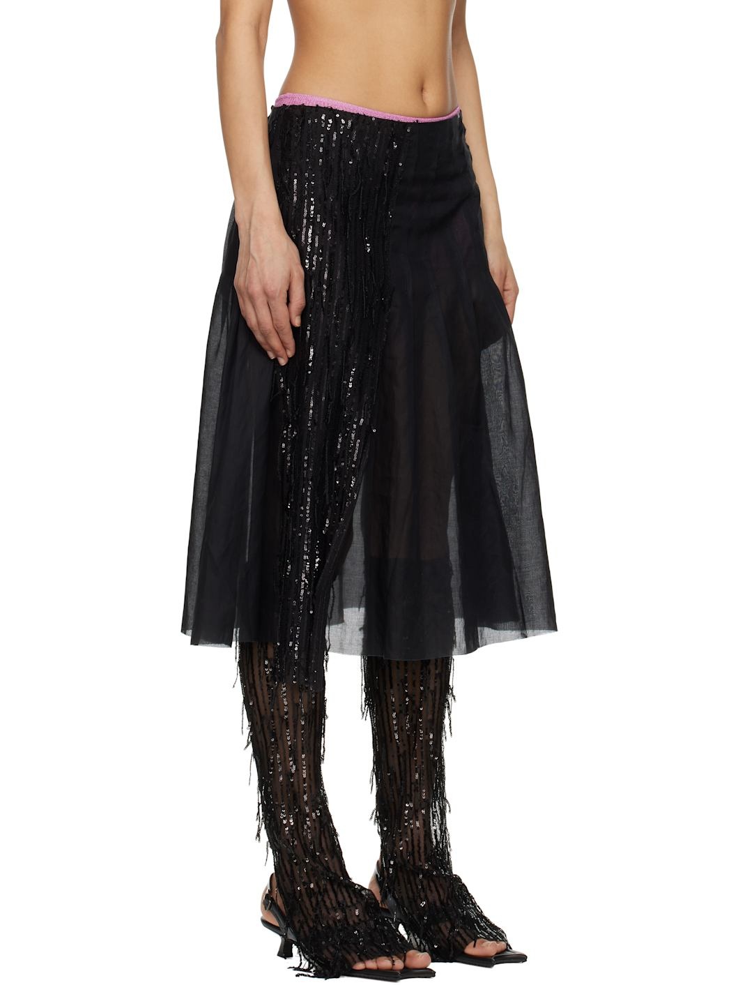 Black Dripping Pleat Around Midi Skirt - 2
