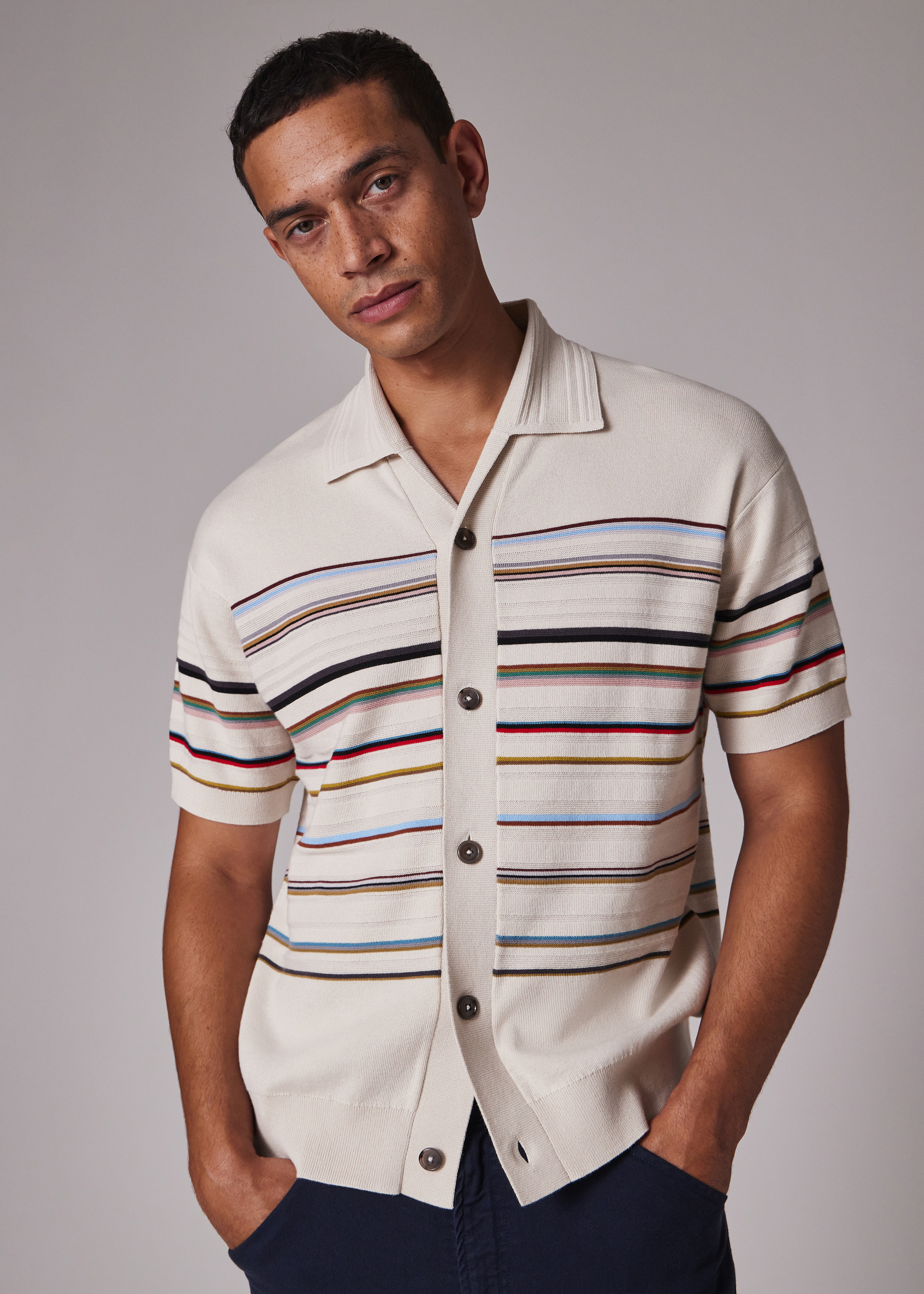 Ecru 'Signature Stripe' Knitted Cotton Short-Sleeve Shirt - 2