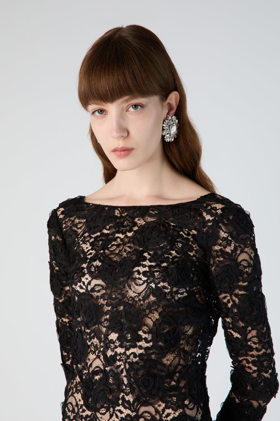 OPEN BACK LACE DRESS WITH SEQUIN, ROSE EMBROIDERY - 6