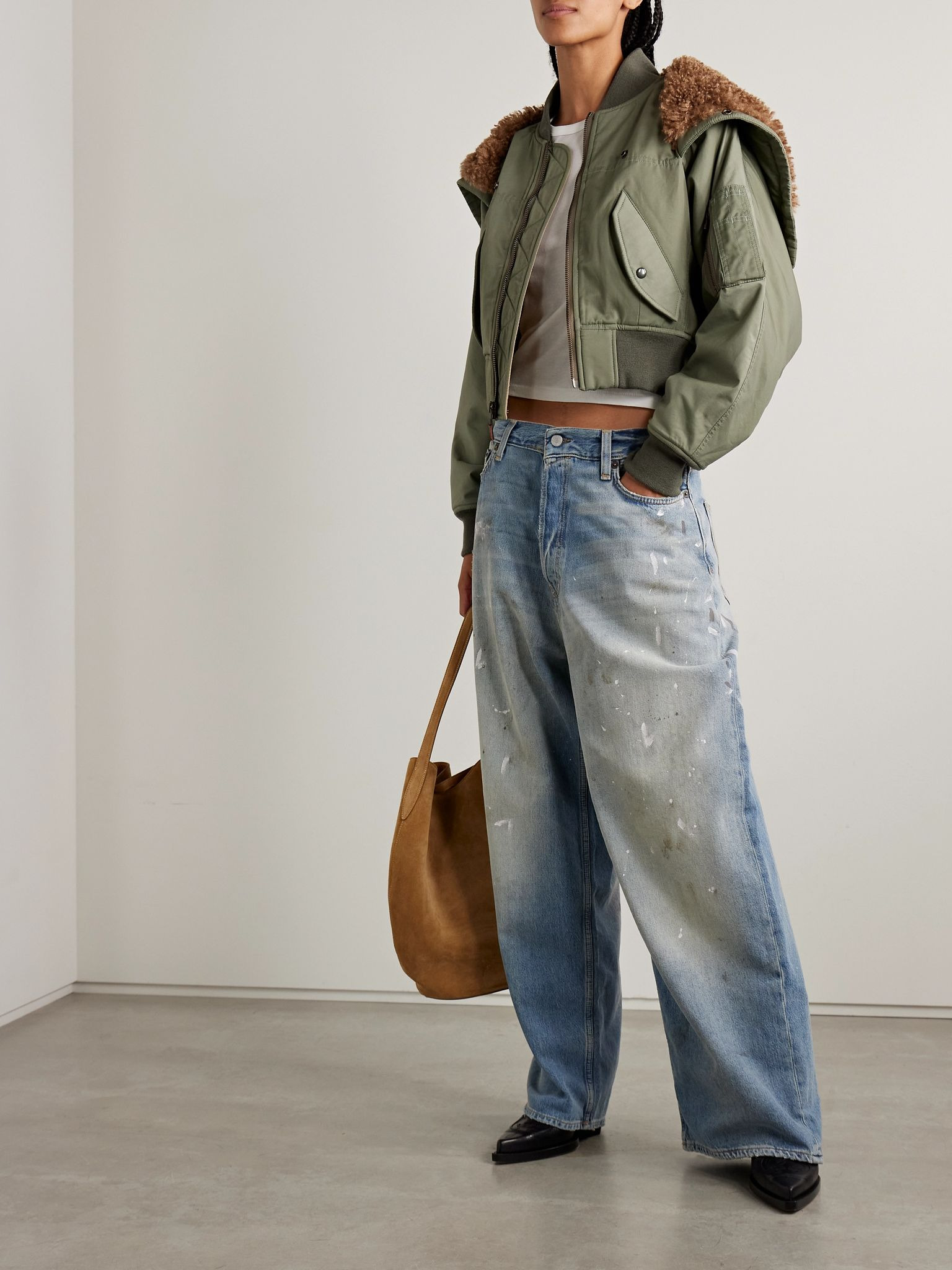 Cropped fleece-trimmed padded cotton-blend shell bomber jacket Sage green - 2