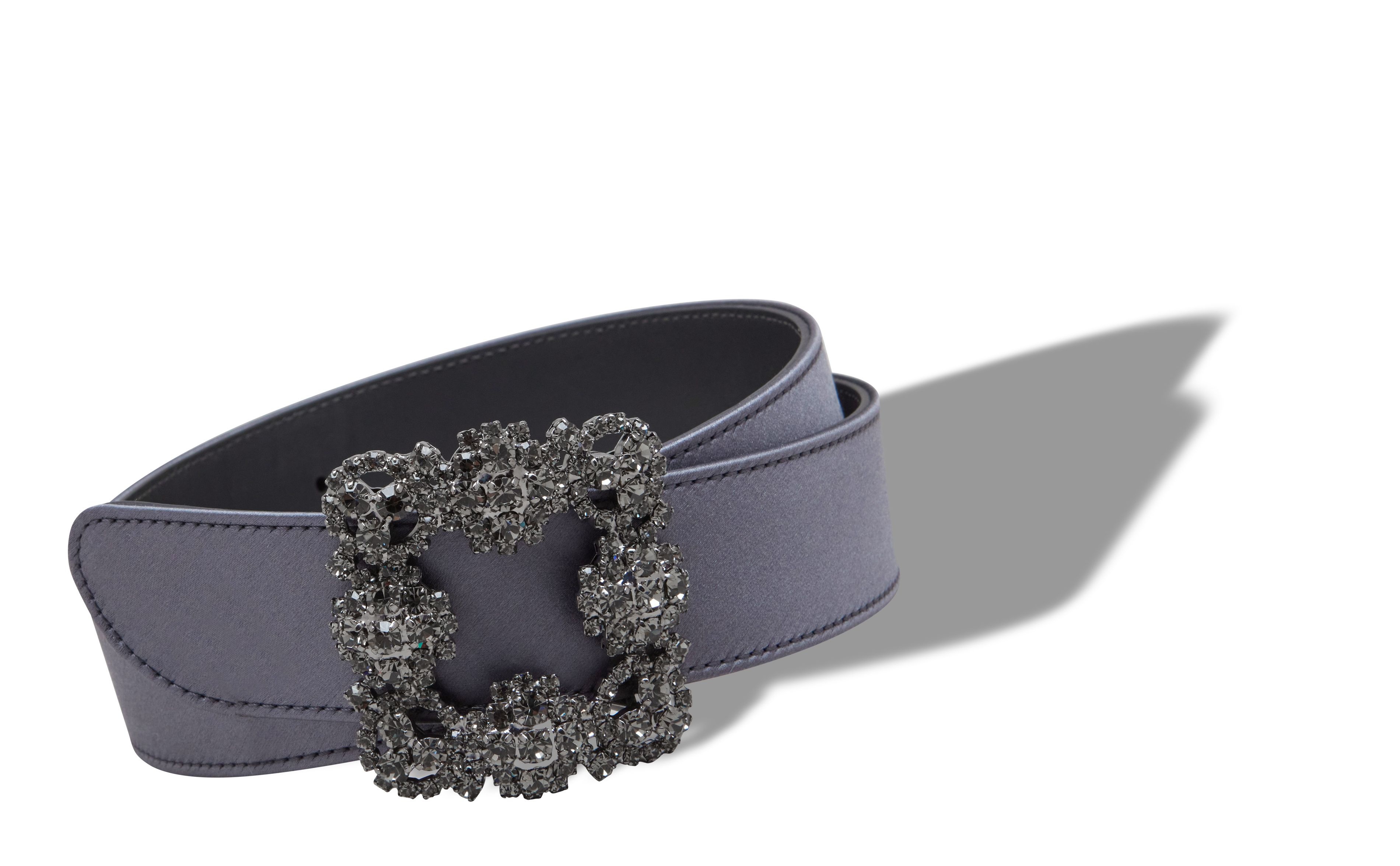 Blue-Grey Satin Crystal Buckled Belt - 2