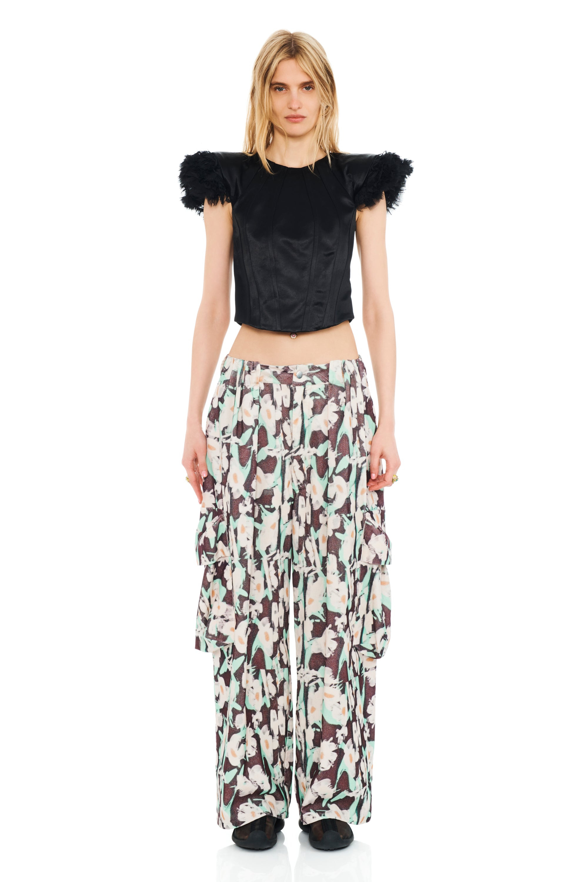 BLACK PAINTED DAISY PLEATED CARGO PANT - 2