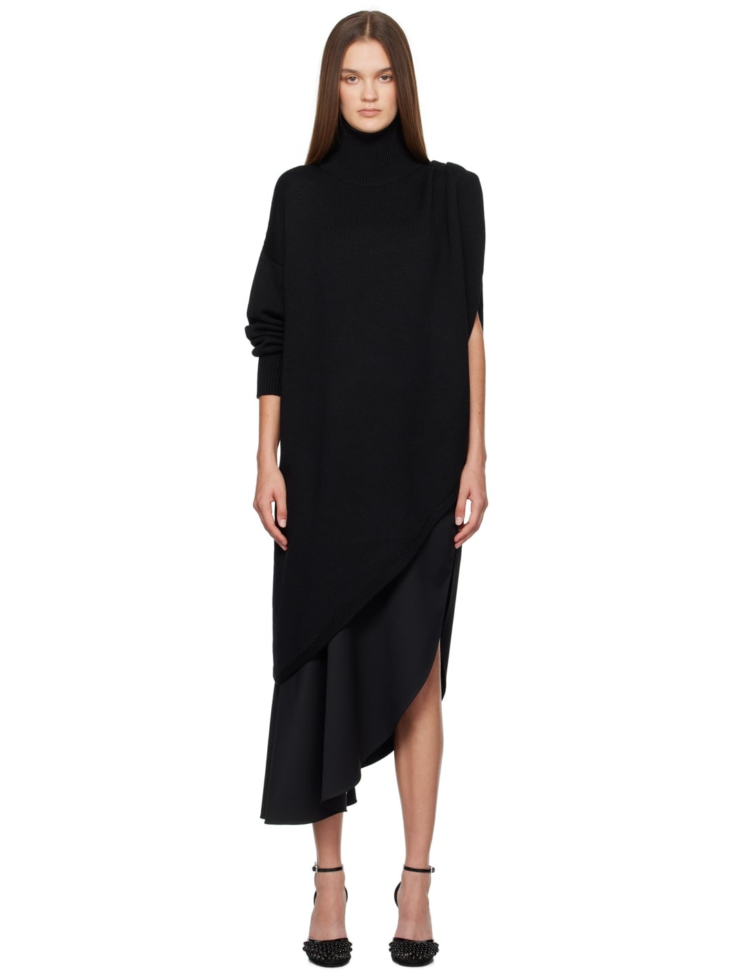 Black Asymmetrical Cape Turtleneck - 1