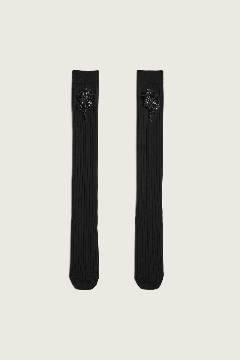 Poppy Crystal Flower Ribbed Knee Socks 1