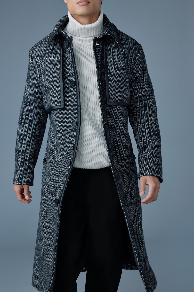 CORBIN-HB Herringbone wool trench coat with leather detail 6