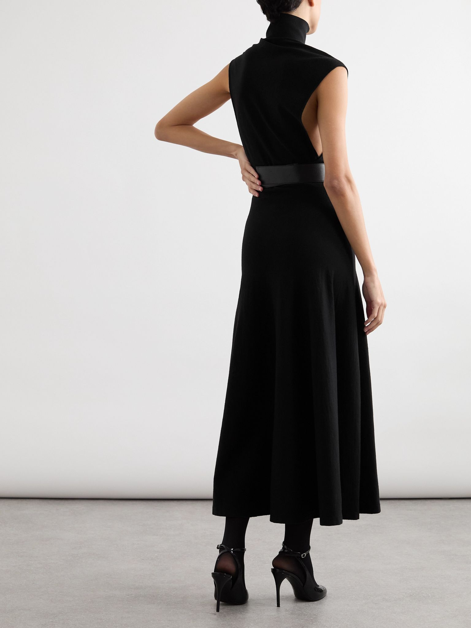 Belted leather-trimmed wool-blend turtleneck midi dress Black - 3