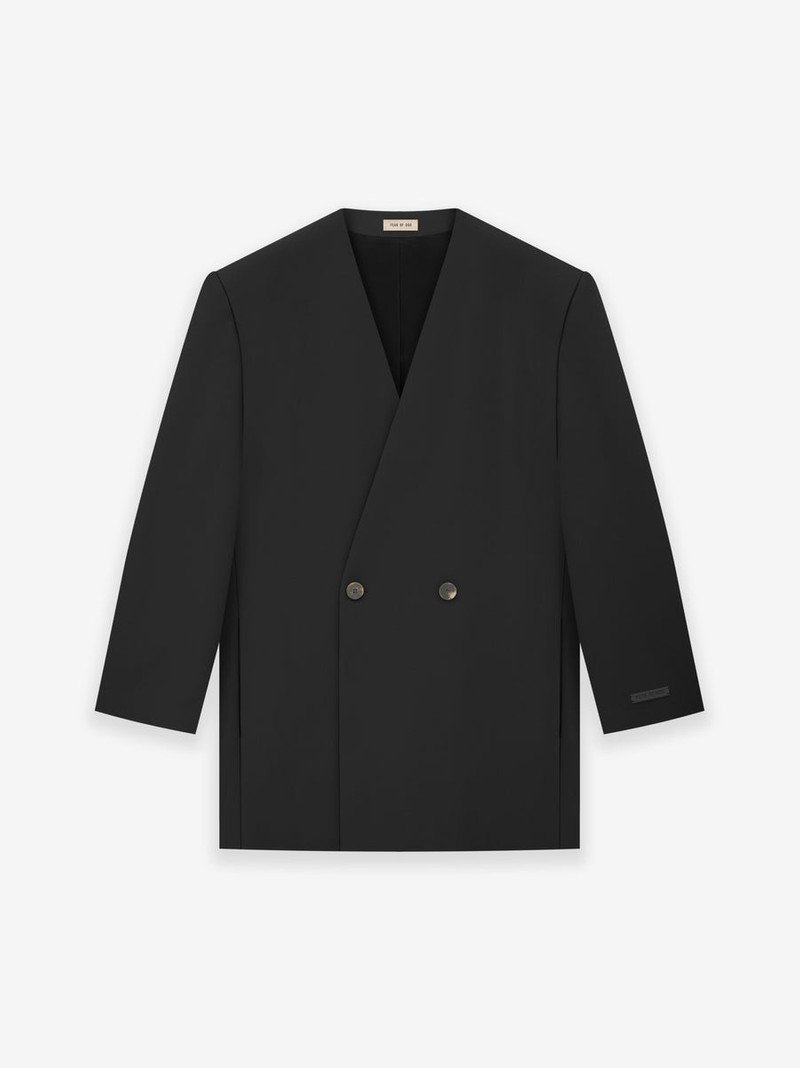 Wool Gabardine Double Breasted Lapelless Blazer 1