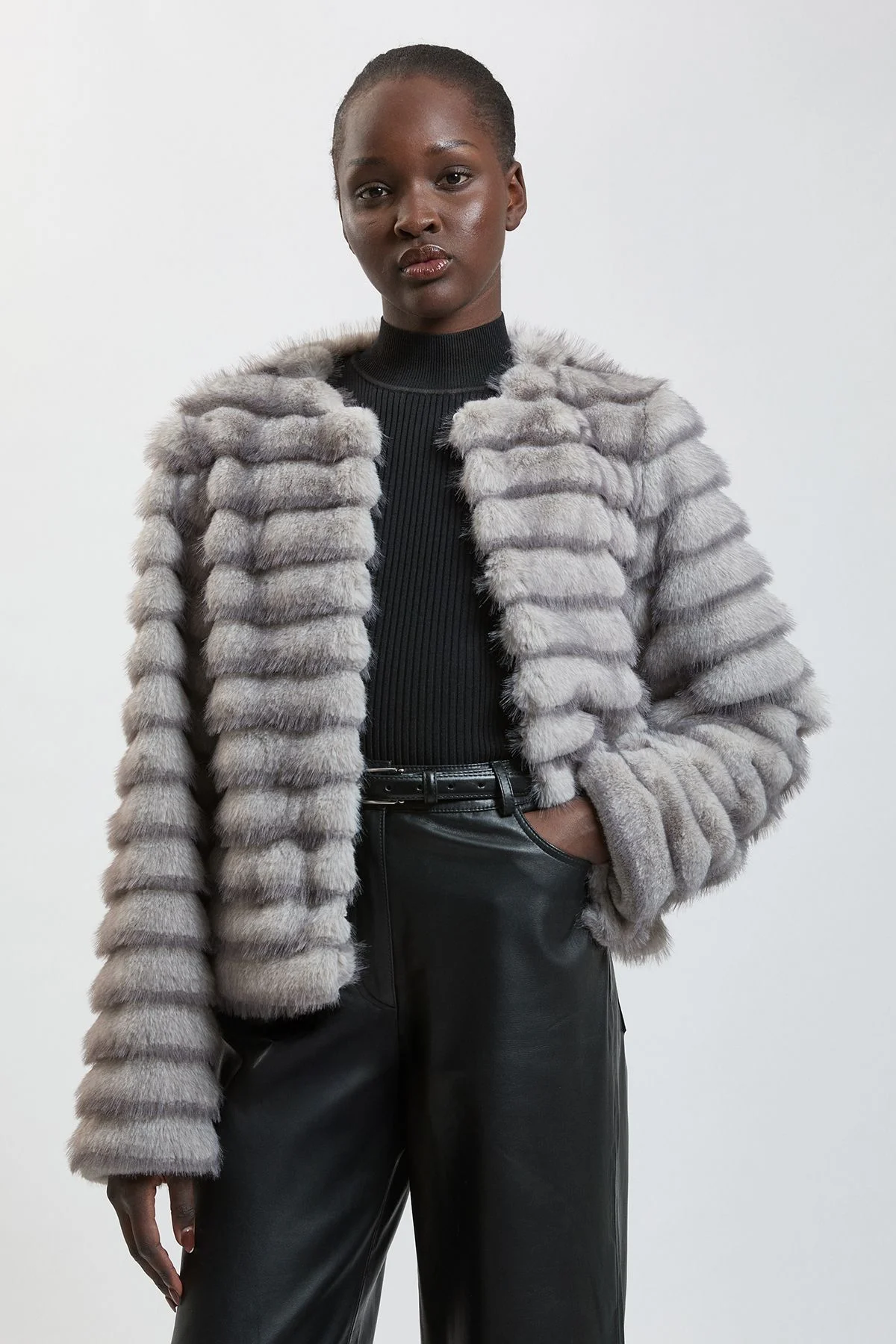 Faux Fur Panelled Long Sleeve Jacket - 1