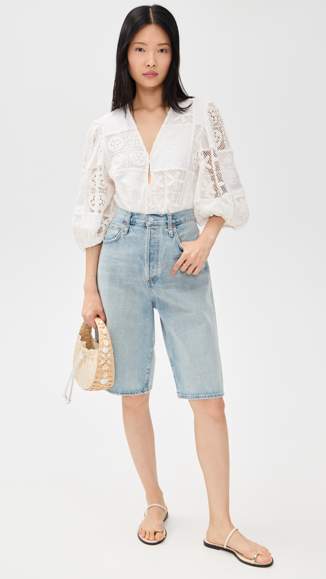 Off-White Rosy Eyelet Puffy Sleeve Thong Bodysuit - 4