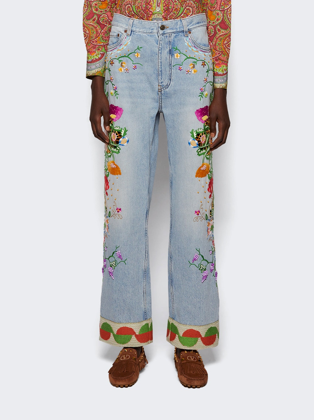 Embroidered Denim Pants Blue - 2