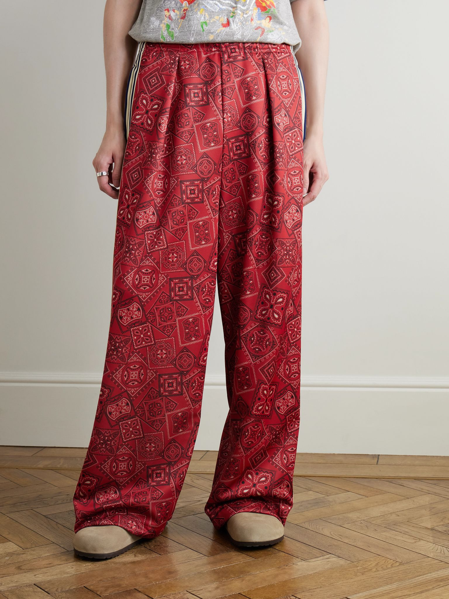 Wide-Leg Striped Webbing-Trimmed Bandana-Print Tech-Jersey Track Pants Red - 3