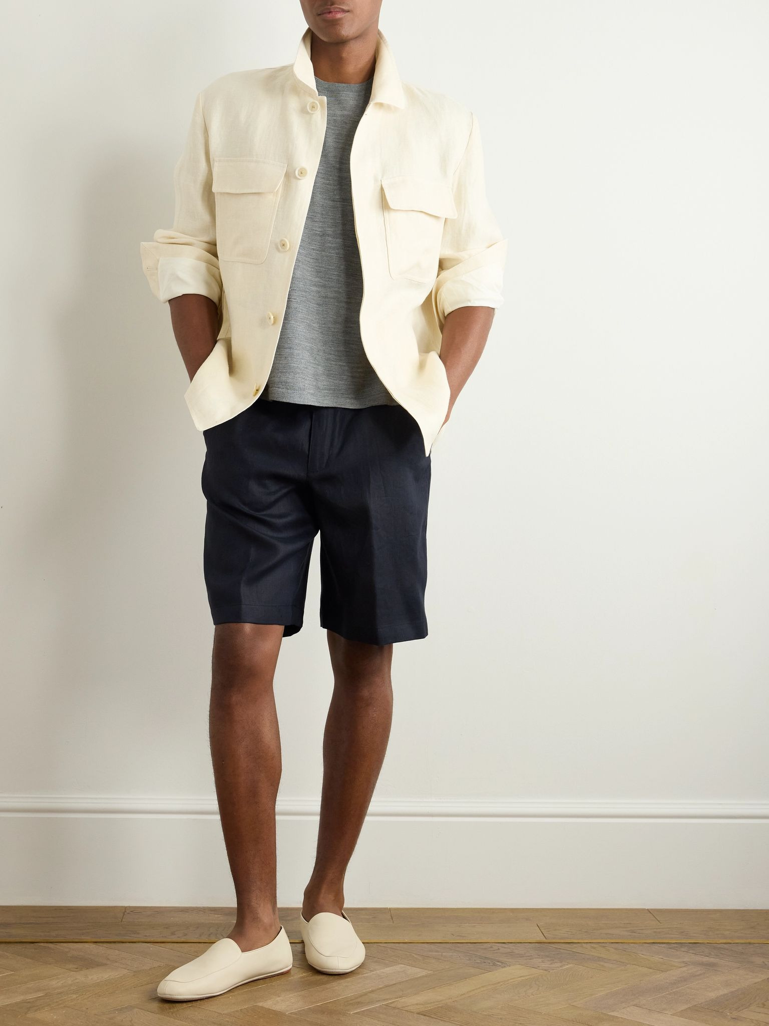 Straight-Leg Linen Shorts Blue - 2