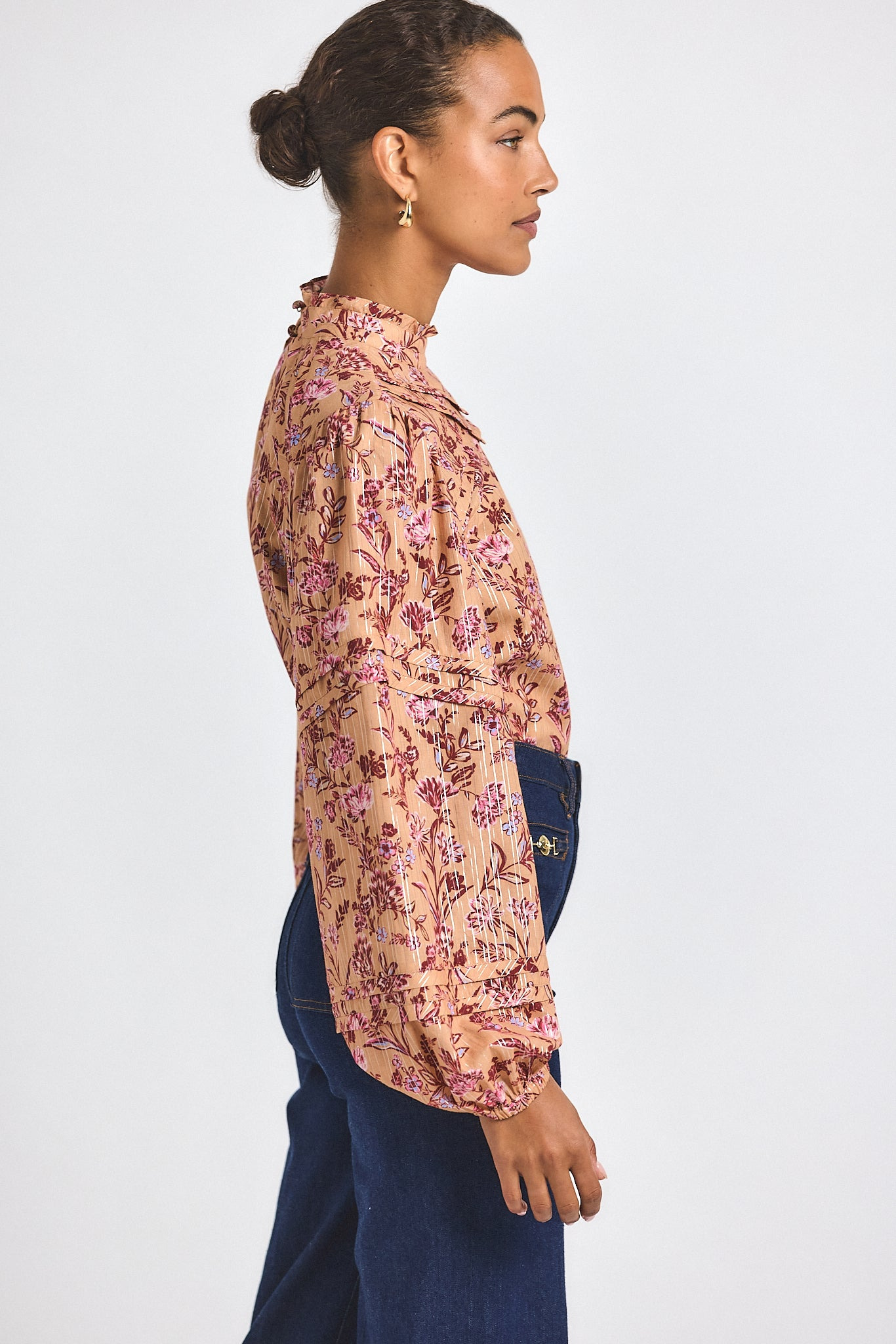 MARLOWE LUREX STRIPE PRINTED VOILE LONG SLEEVE BLOUSE - 4