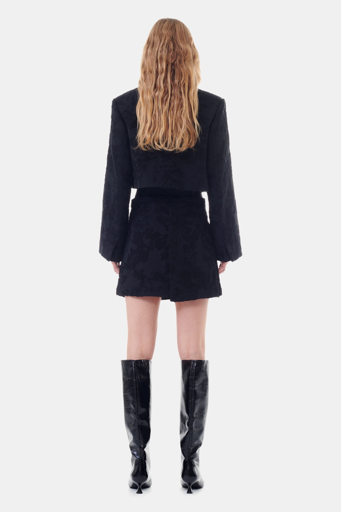 BLACK BOUCLE JACQUARD SUITING CROPPED BLAZER - 5