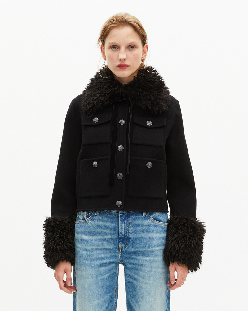 SHORT BLACK WOOL JACKET WITH SHERPA COLLAR 4