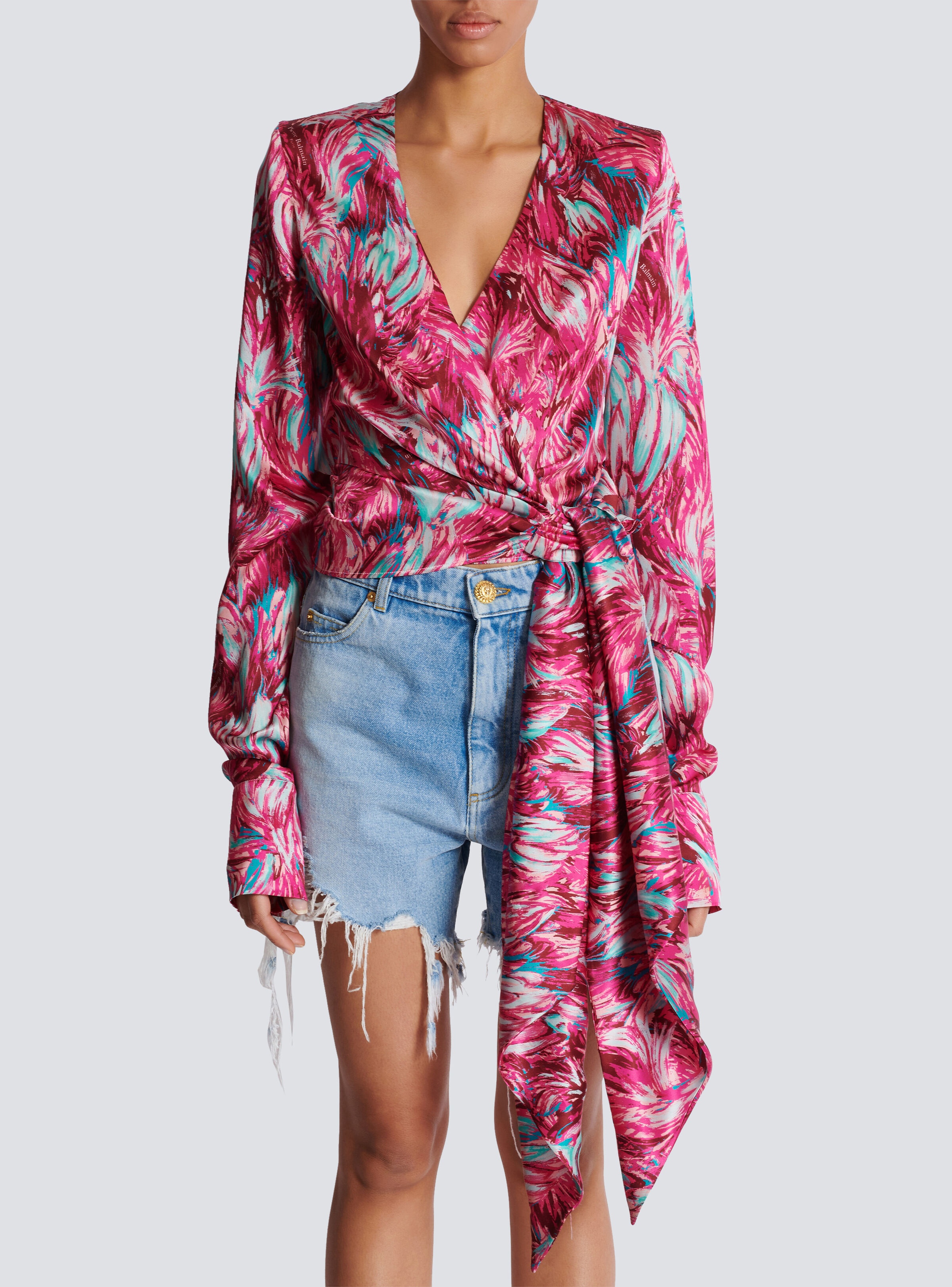 Feather print satin wrap blouse - 5