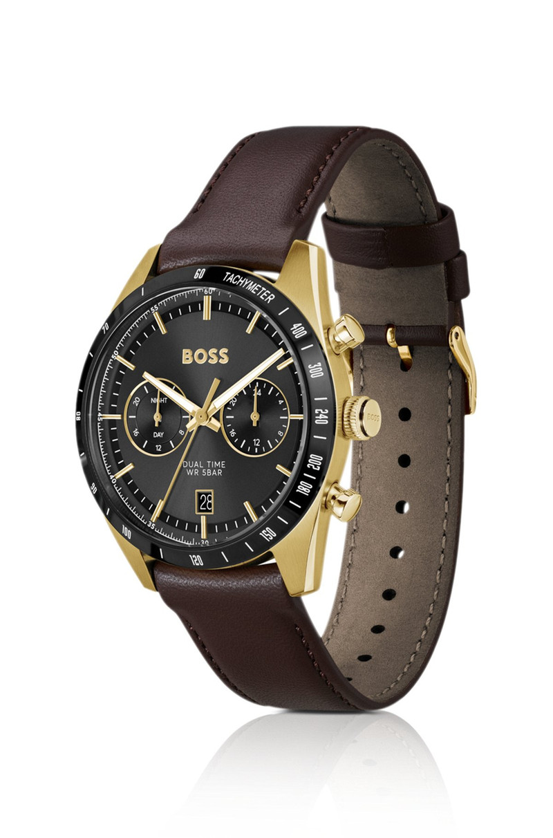 BOSS TOURMASTER GOLD-TONE WATCH WITH BROWN LEATHER STRAP outlook