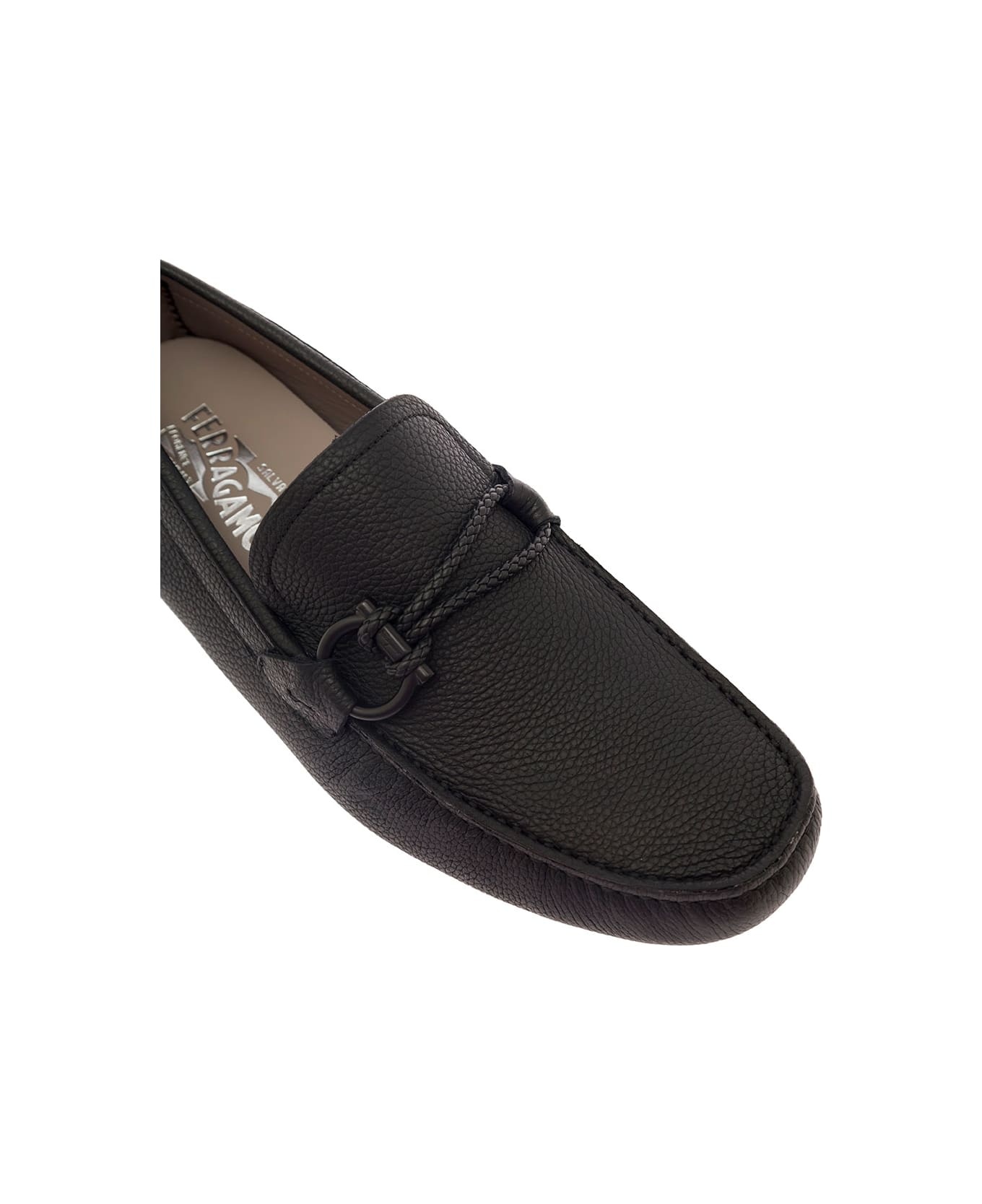 Black Slip-on Loafers With Gancini Detail In Hammered Leather Man - 4