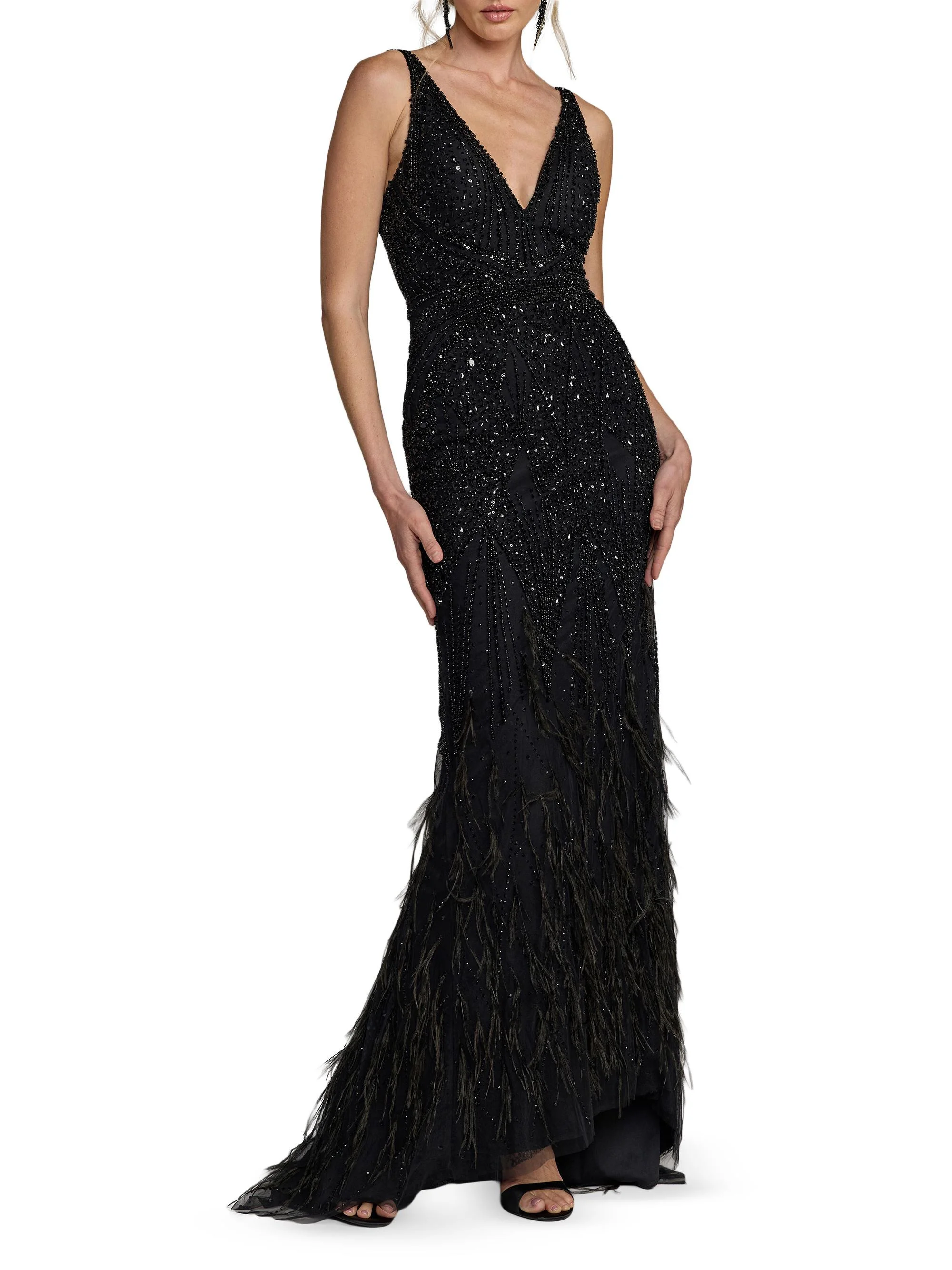 Women's Embellished Feather-Trim V-Neck Gown - Black - 1