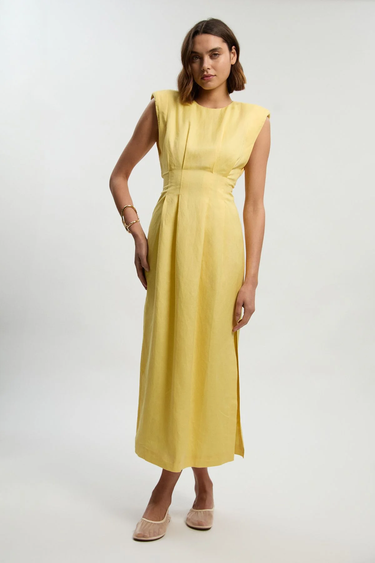 Viscose Linen Woven Pintuck Midi Dress - 1