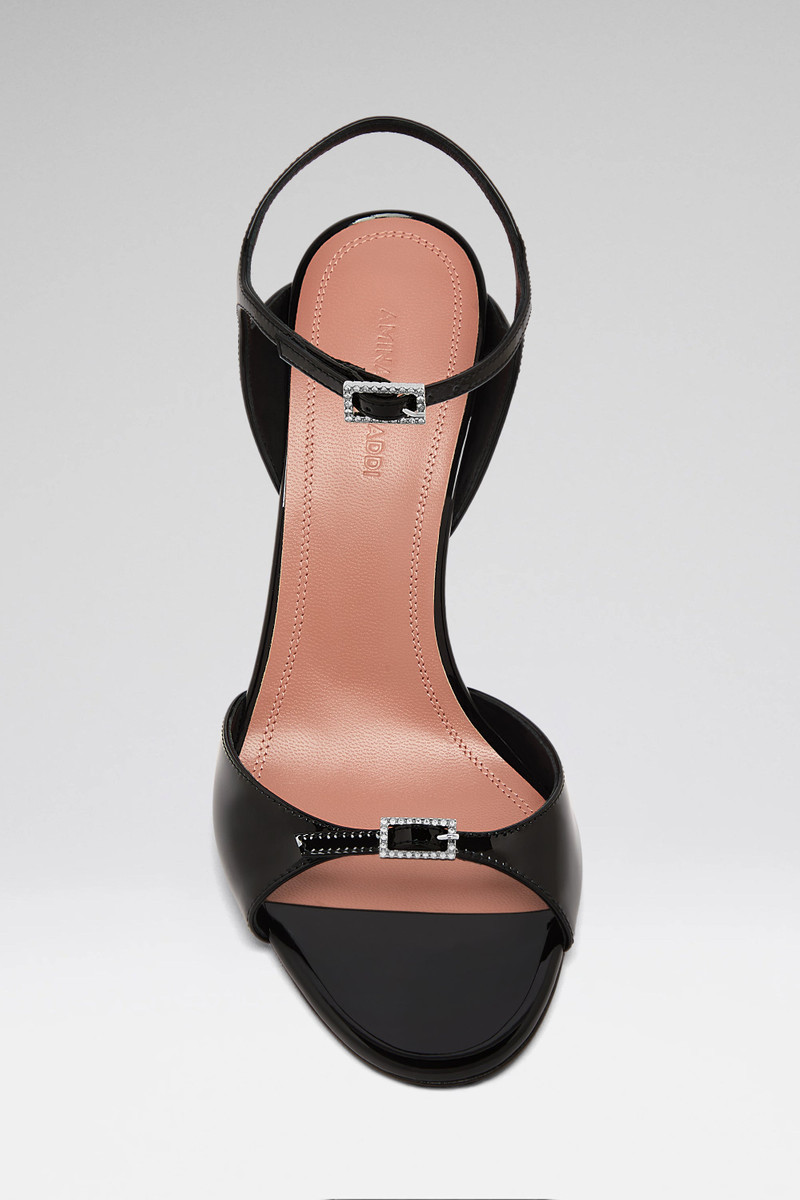 Amina Muaddi ADUT SANDAL 105 BLACK PATENT AND WHITE CRYSTAL BUCKLE outlook