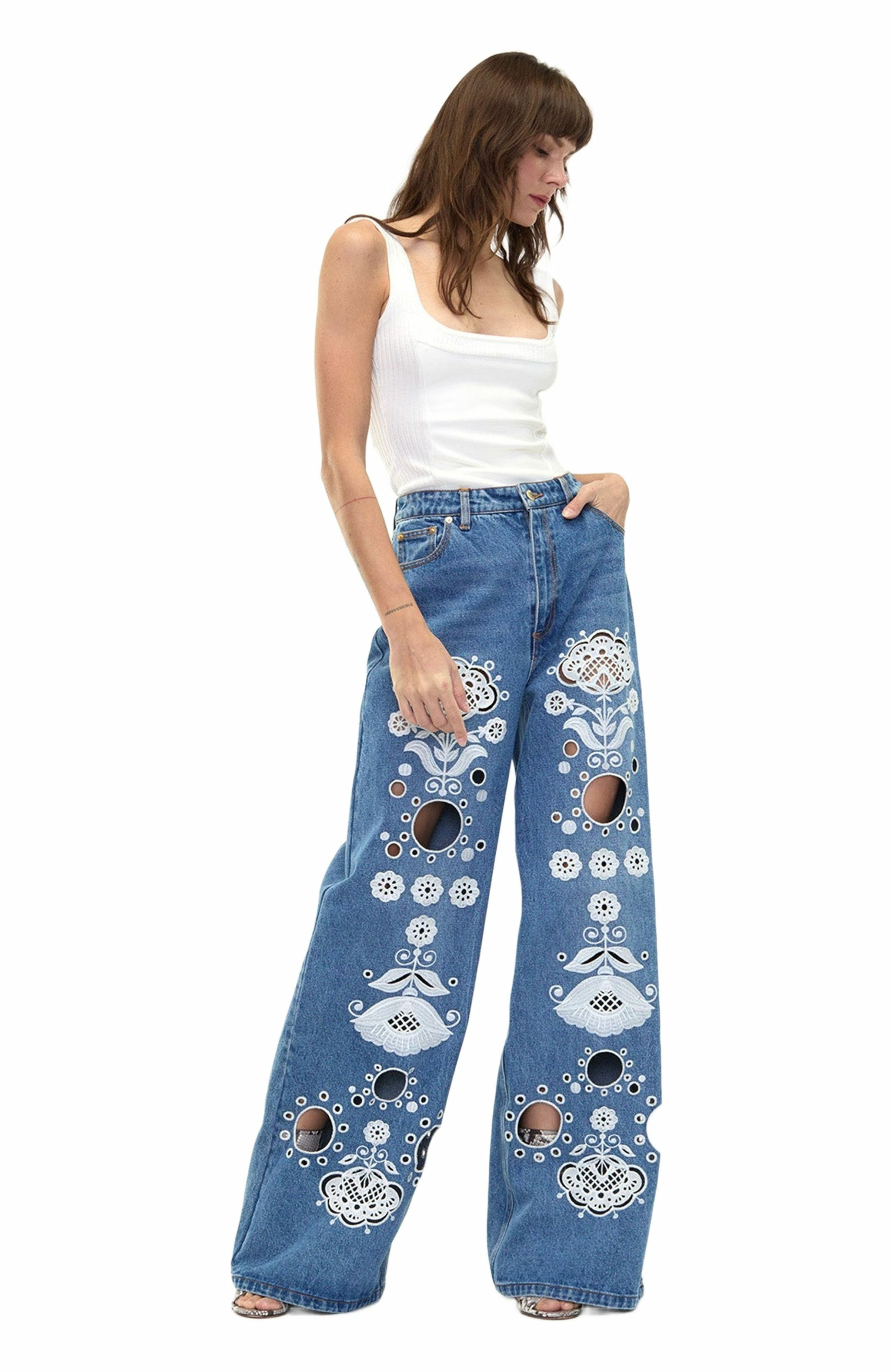 Cynthia Rowley Embroidered Wide-leg Jean in Blue/white at Nordstrom - 4