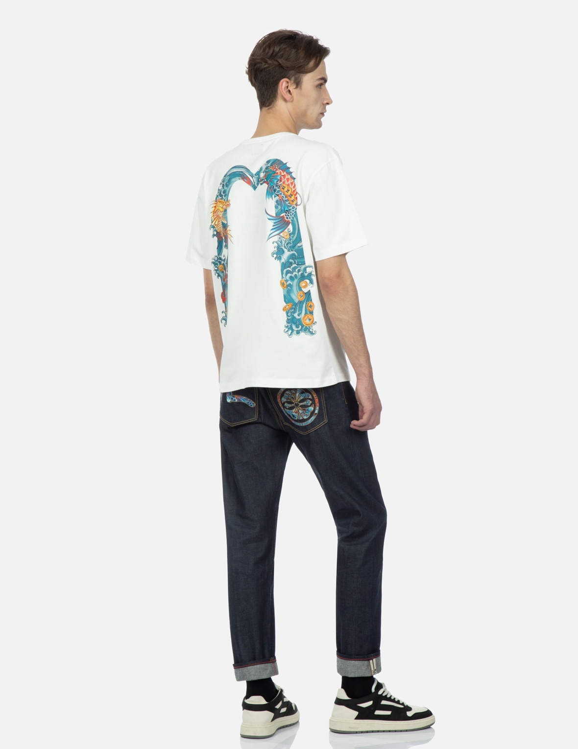 “KOI PLAYING IN WAVES” PATTERN SEAGULL AND KAMON EMBROIDERY CROPPED CARROT FIT JEANS #2017 - 3