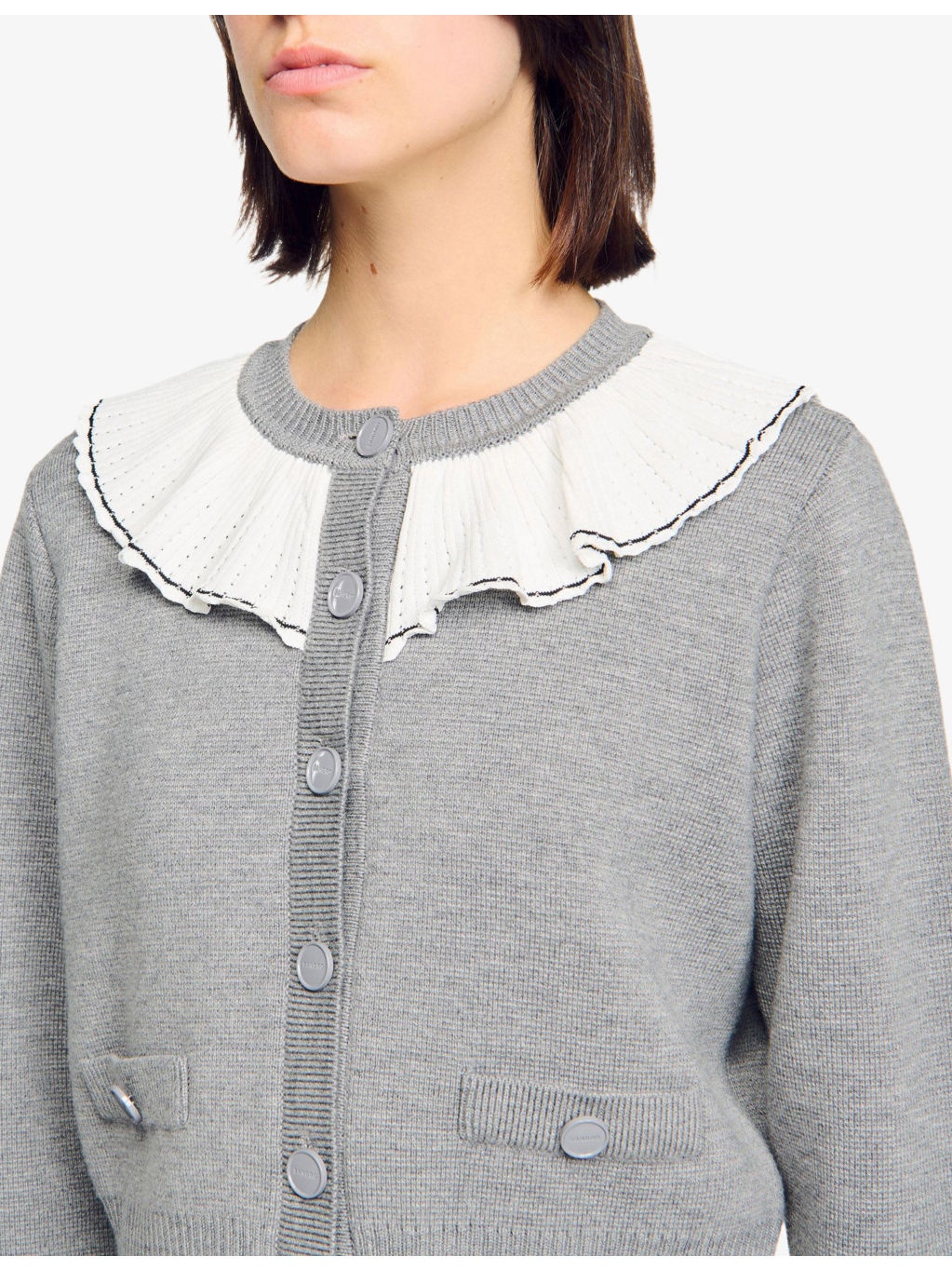 Contrast-Collar Button-Down Knitted Cardigan - 5