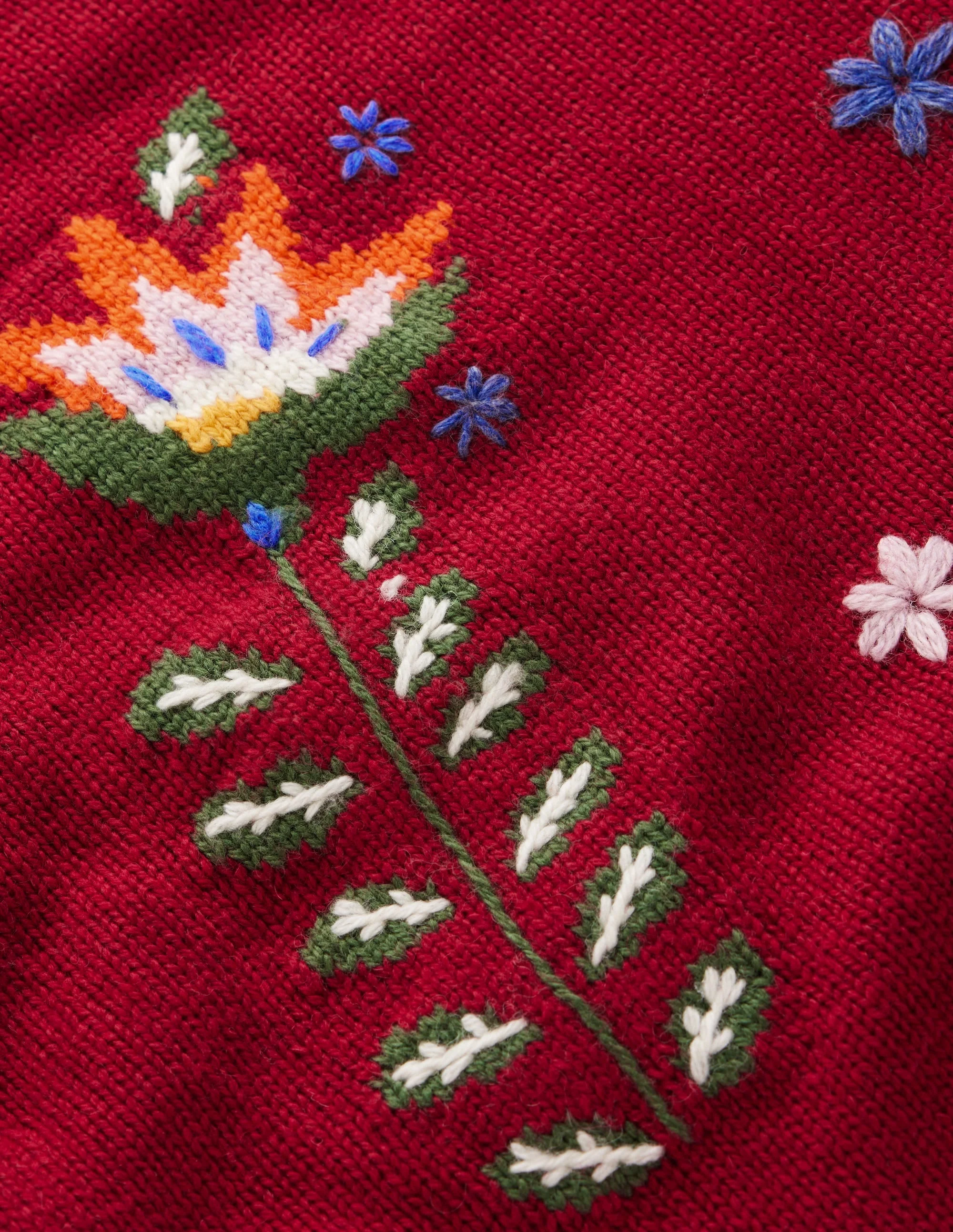 Ella Embroidered Knit Sweater-Crimson Red Embroidery - 1