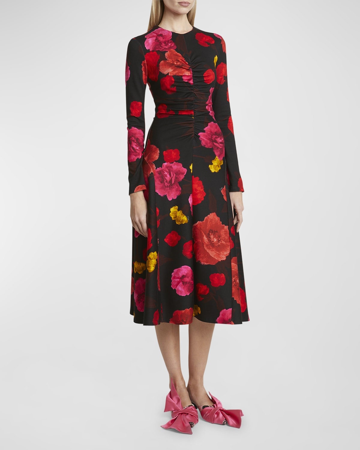 Ruched Floral Long-Sleeve Midi Dress - 3