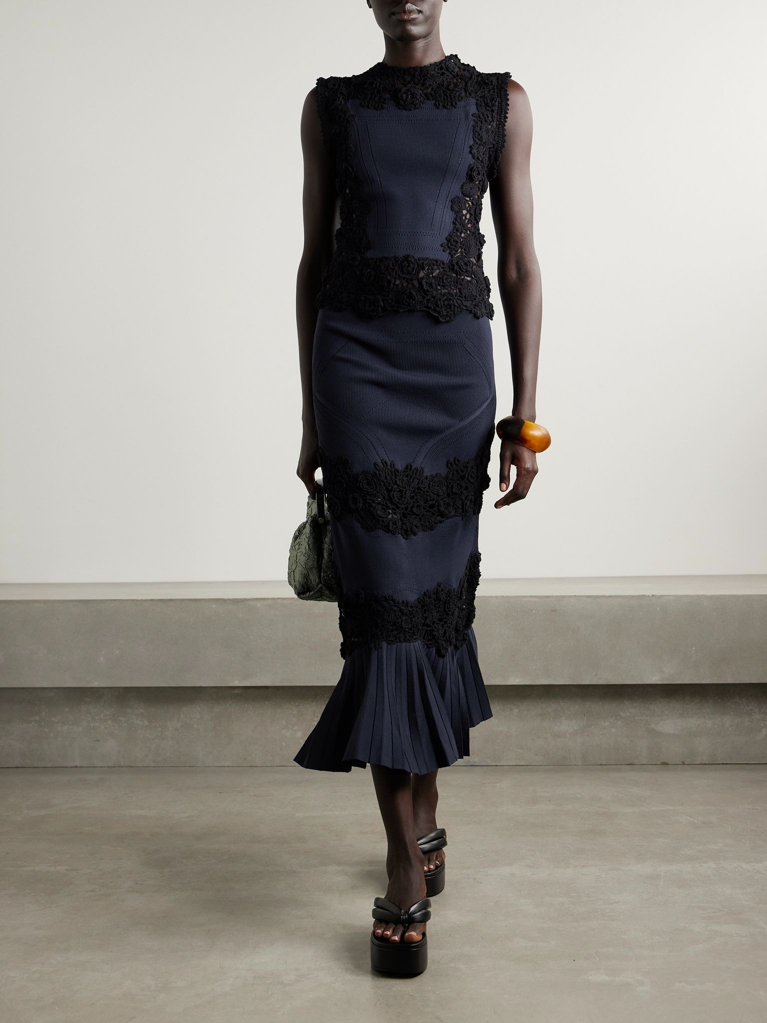 Madeline crochet-paneled ribbed-knit maxi skirt Navy - 2