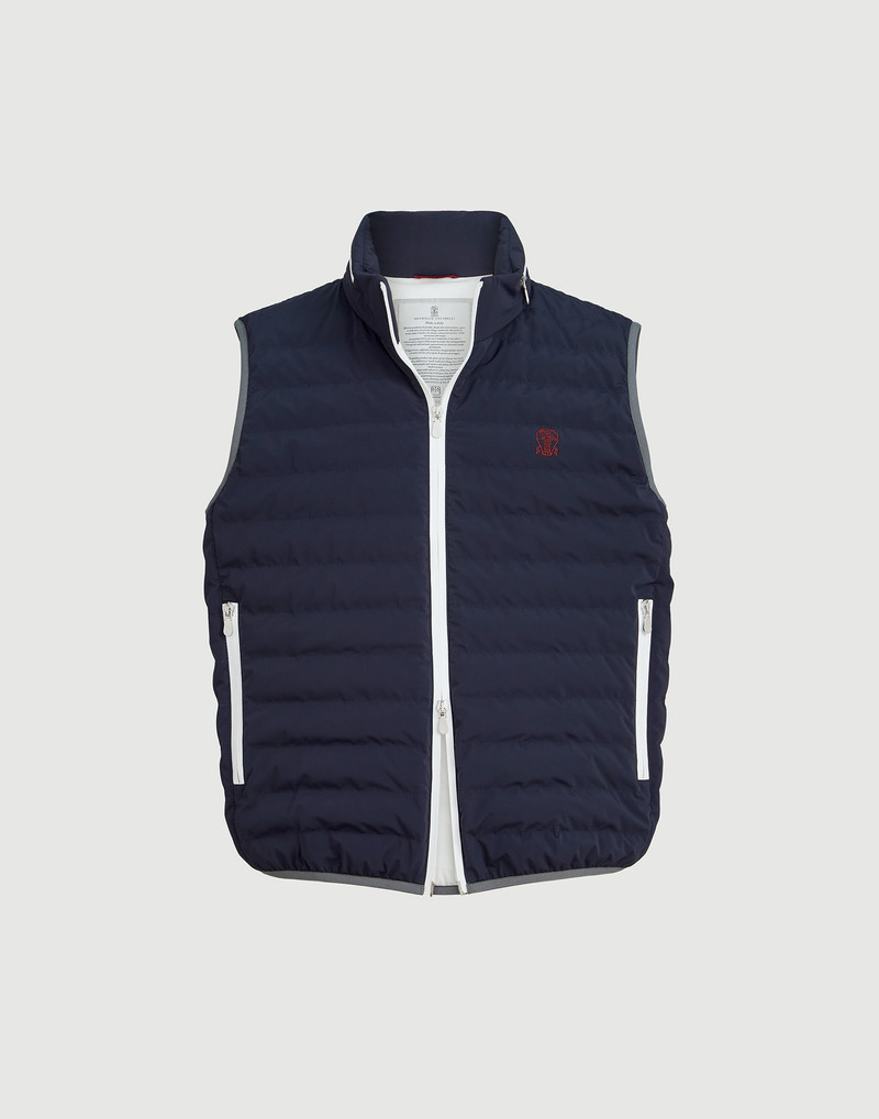 Bonded nylon down vest with logo and packable hood 1