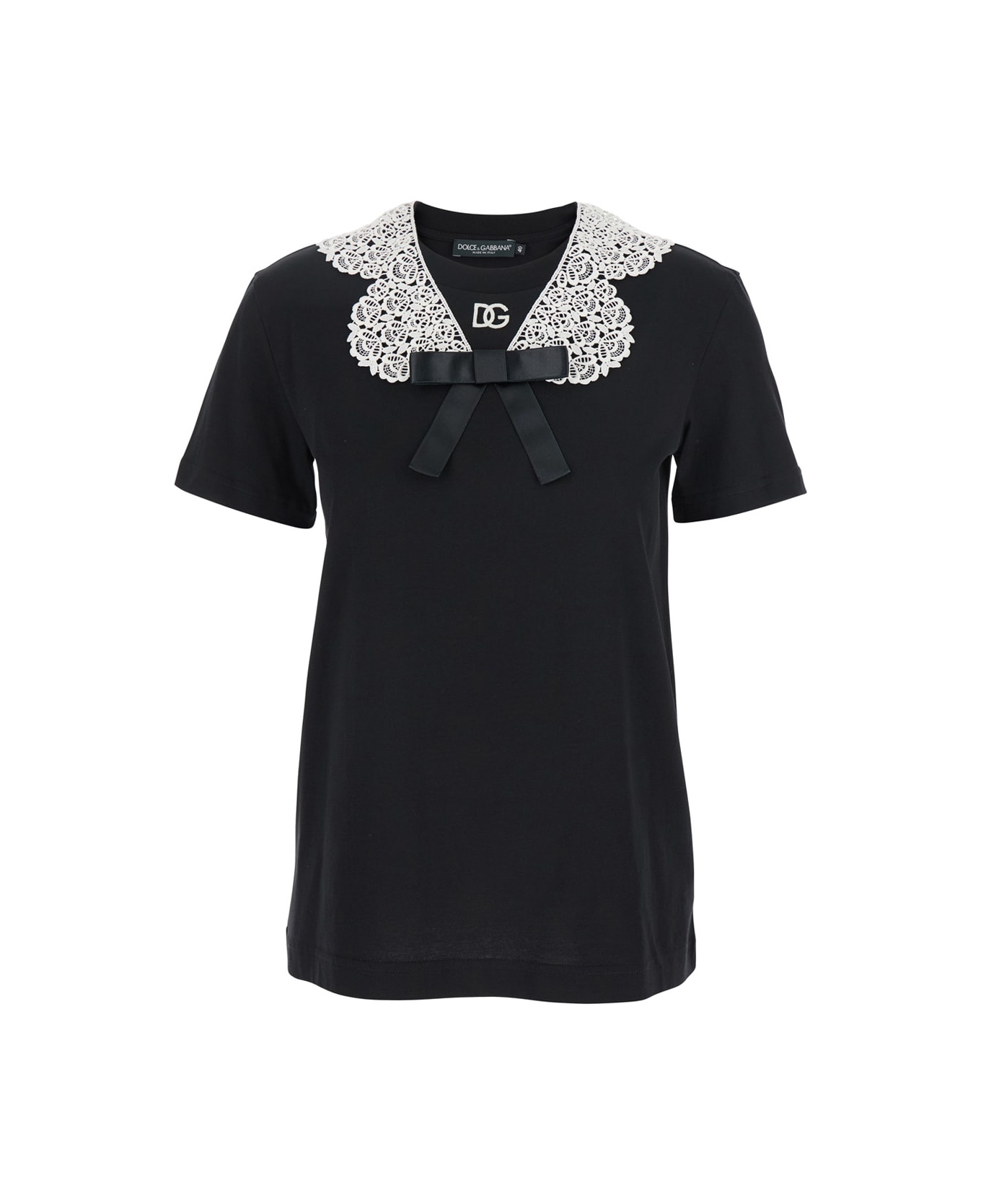 Black T-shirt With Bow On The Front And Lace Details In Cotton Woman - 1
