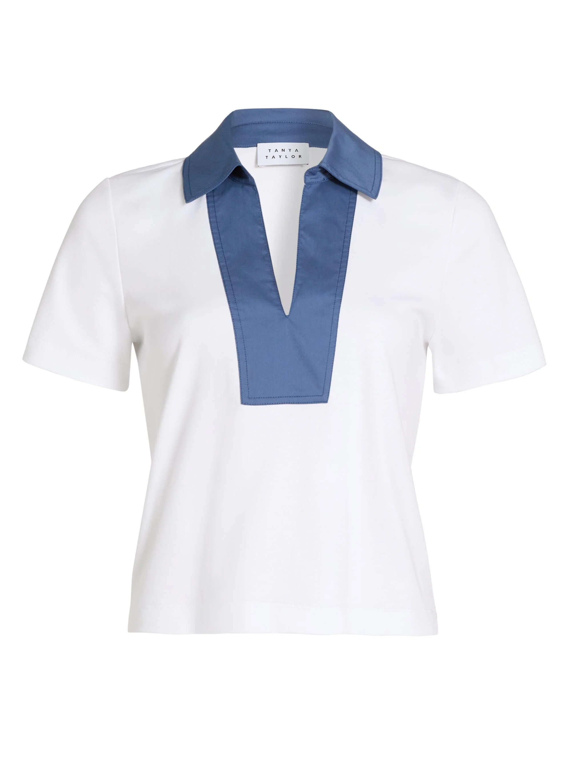 Women's Melanie Johnny Collar Cotton Short-Sleeve Top - Optic White French Blue - 1